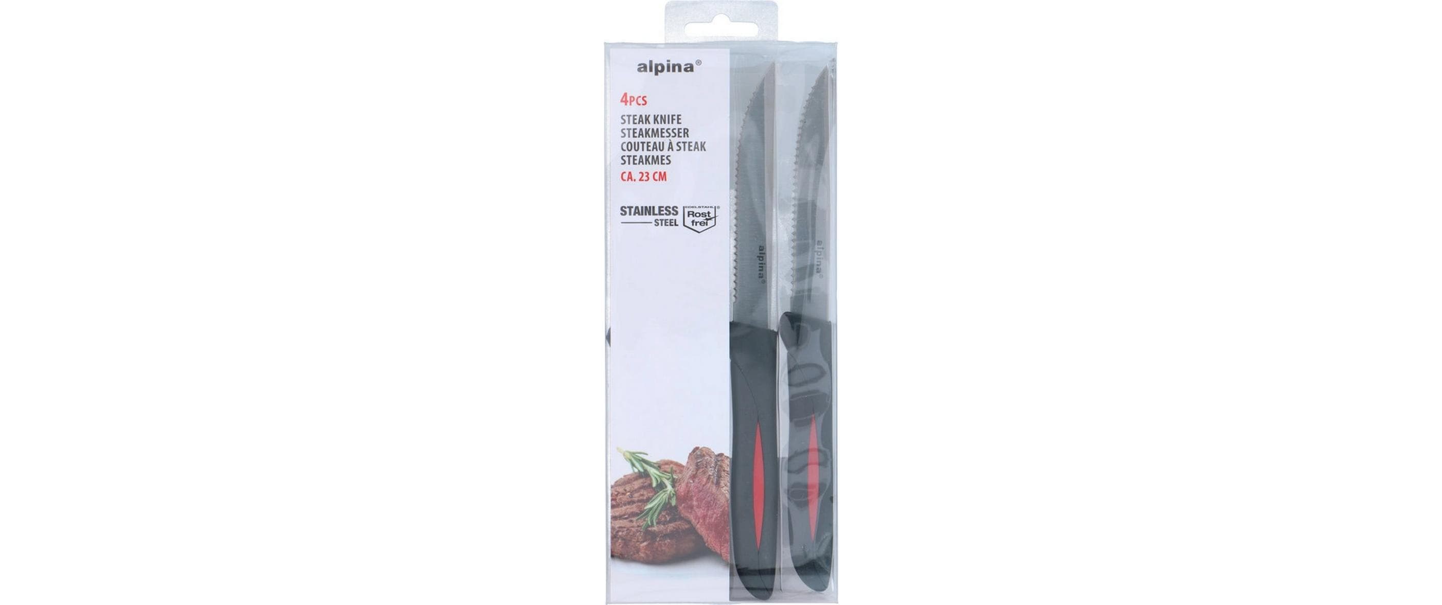 Alpina Steakmesser – 4er-Set, 12 cm, Wellenschliff, Edelstahl, Kunststoffgriff, Schwarz, spülmaschinenfest