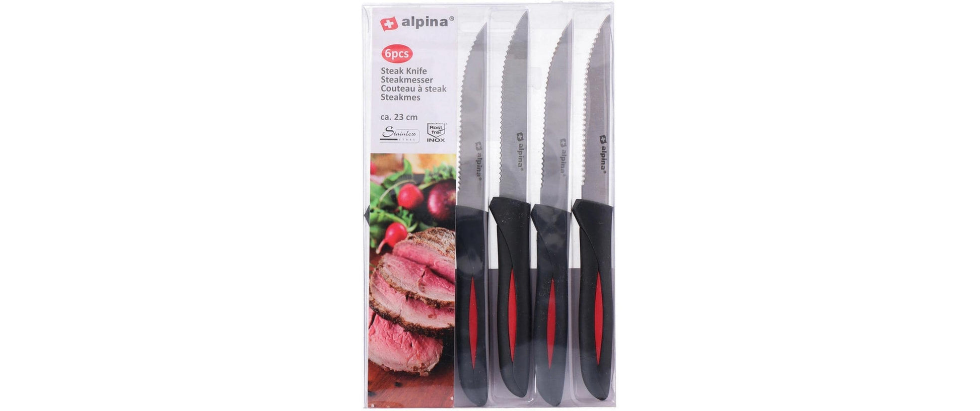 Alpina Steakmesser – 6er-Set, 12 cm, Wellenschliff, Edelstahl, Kunststoffgriff, Schwarz, spülmaschinenfest