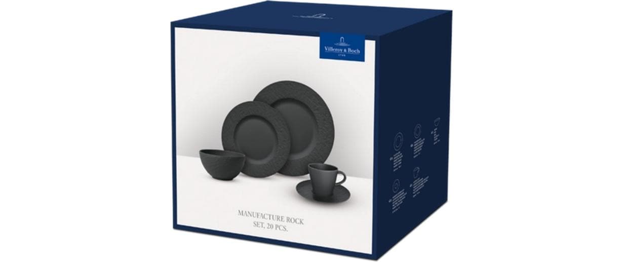 Villeroy & Boch Geschirrset Manuf. Rock – 20-teiliges Set, Porzellan, Schwarz, spülmaschinenfest