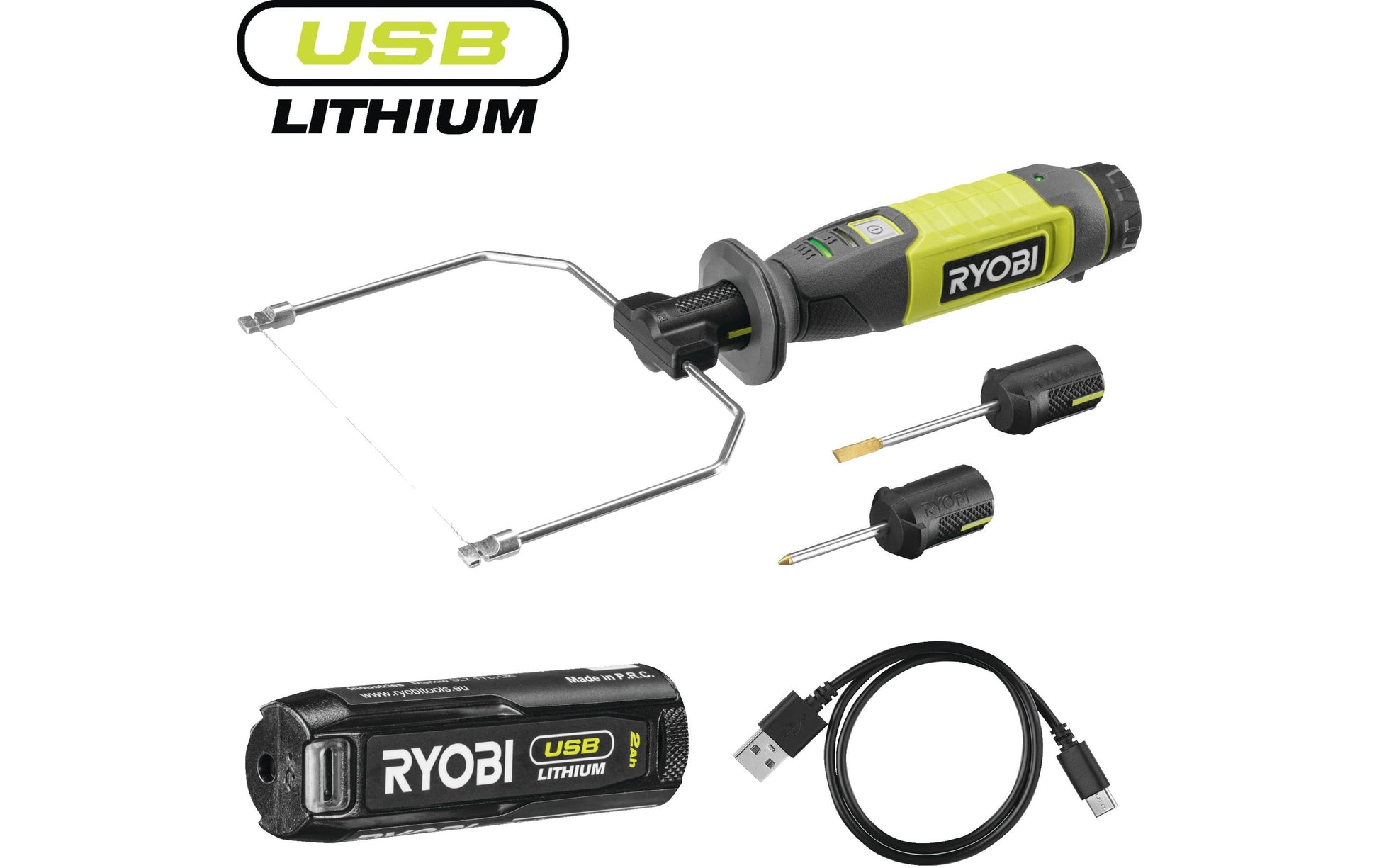 Ryobi RHC4-120G Akku-Heissdrahtschneider – 4 V – 1×2,0 Ah & Ladegerät, Aufsätze – Ryobi 4 V USB