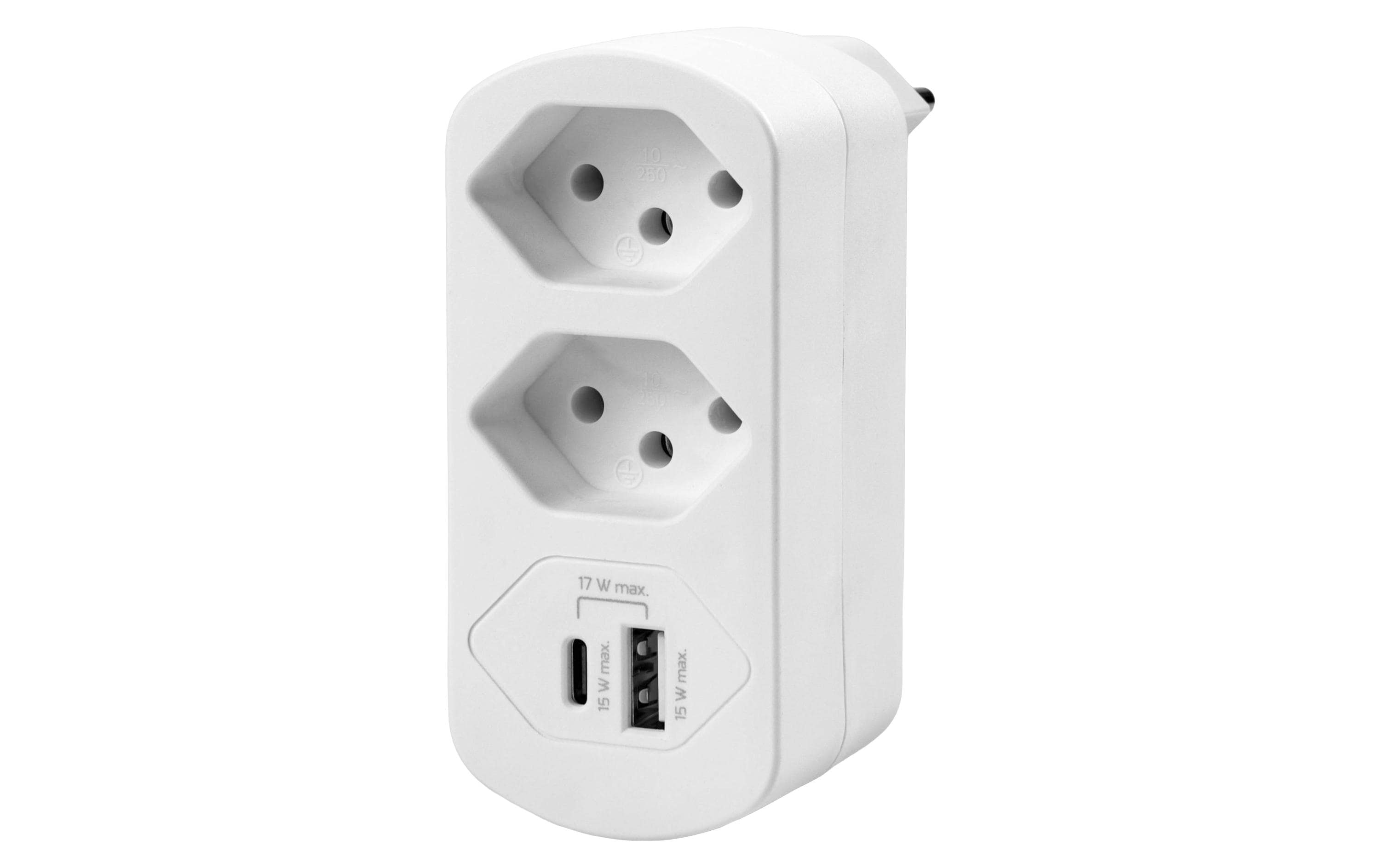 FURBER.power Steckdosenleiste, 2×T13, 1×USB-A + 1×USB-C (max. 17 W), ohne Schalter – weiss