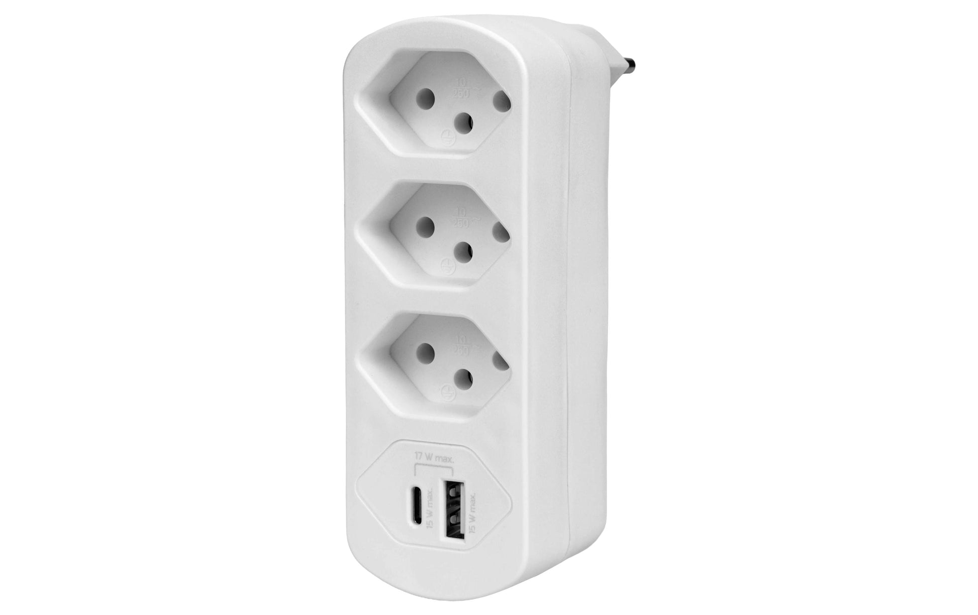 FURBER.power Steckdosenleiste, 3×T13, 1×USB-A + 1×USB-C 17 W, drehbar 320°, Kinderschutz – weiss