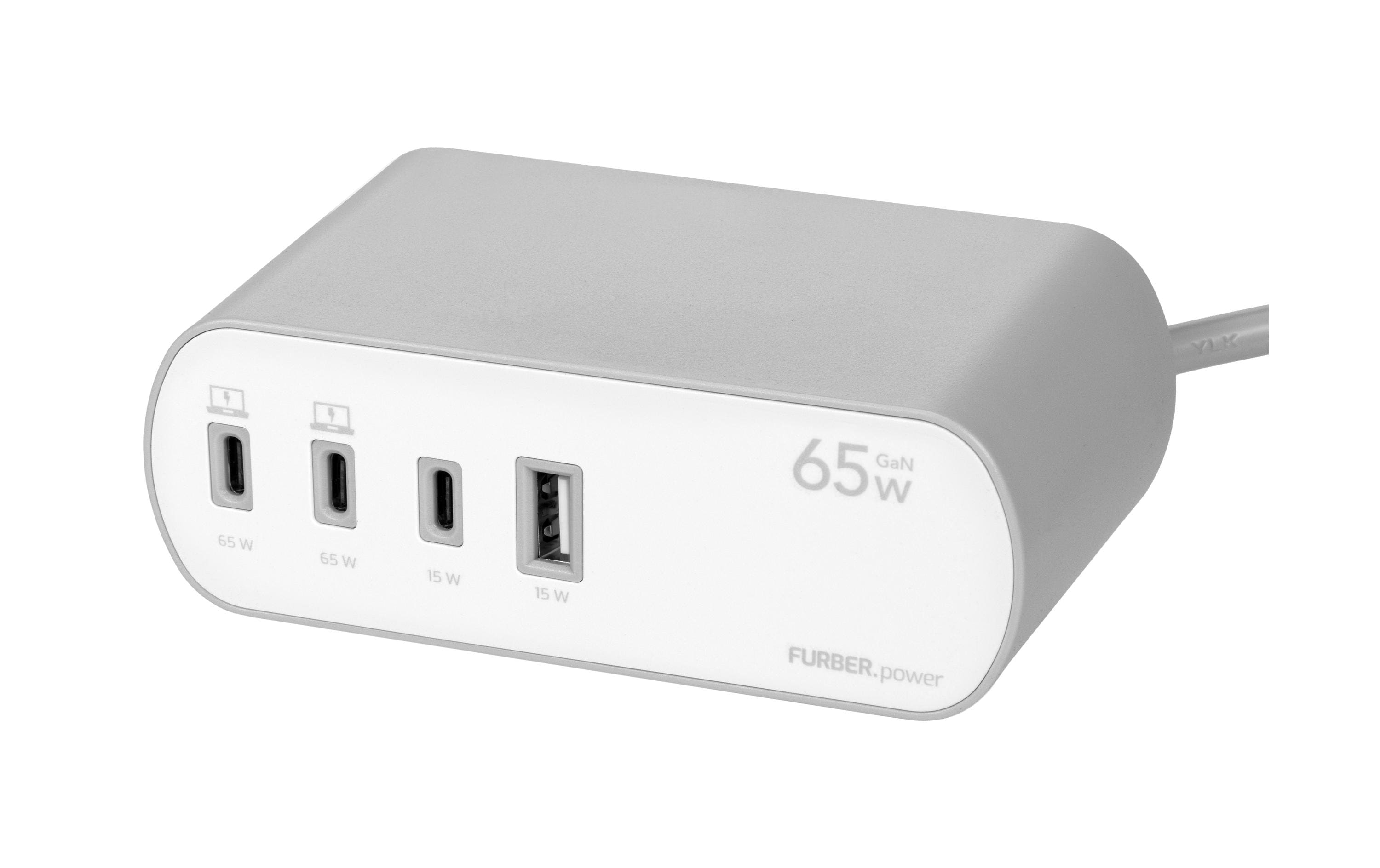 FURBER.power Tischsteckdosenleiste, 2×T13, 1×USB‑A + 3×USB‑C (Gesamt 65 W), 3 m, mit Schalter – Weiss