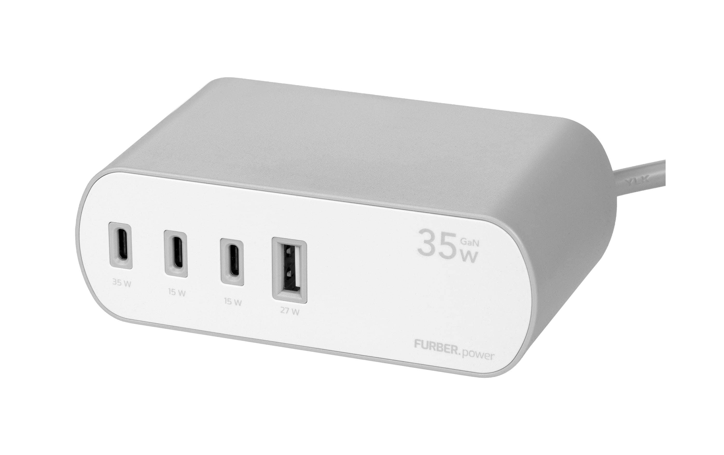 FURBER.power Tischsteckdosenleiste, 2×T13, 1×USB‑A + 3×USB‑C, 3 m, Kindersicherung, mit Schalter – Weiss