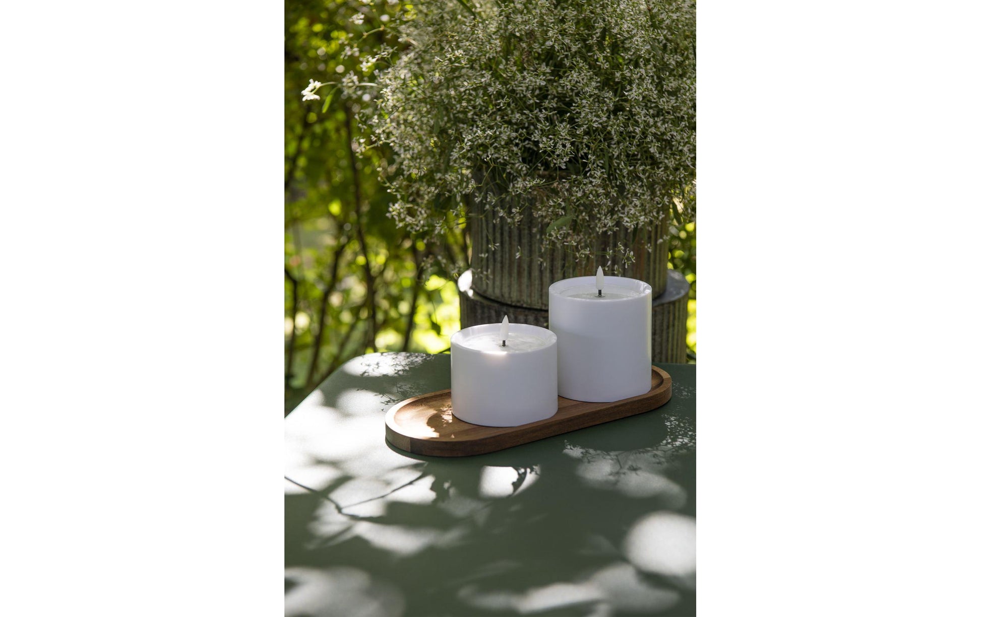 Stt Solar-Teelichter 2er-Set – Ø 10 cm – Warmweiss – Timer – Weiss