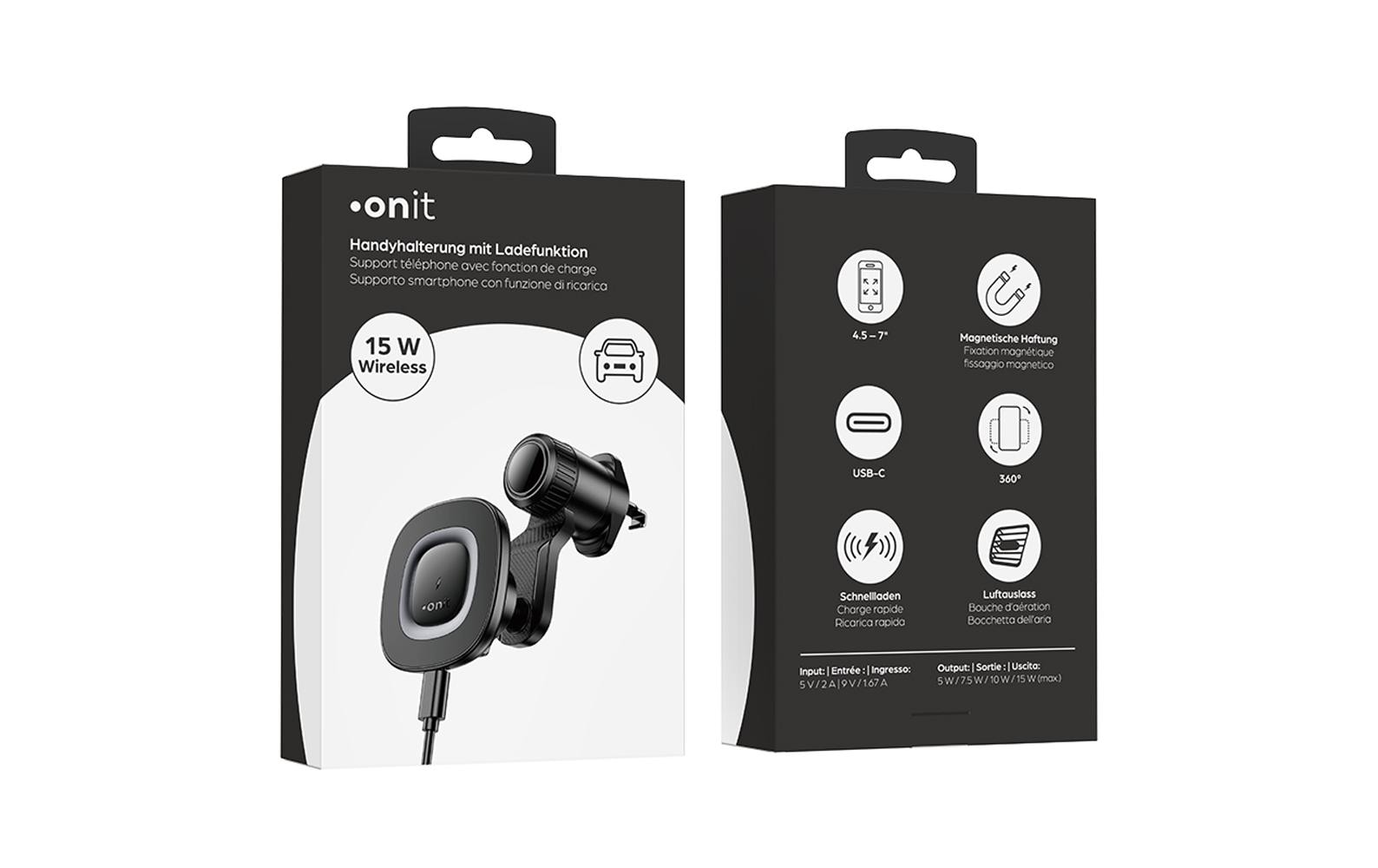 Onit Kfz-Ladehalterung – Qi – Lüftungsschlitz – 15 W – für Smartphones – Schwarz