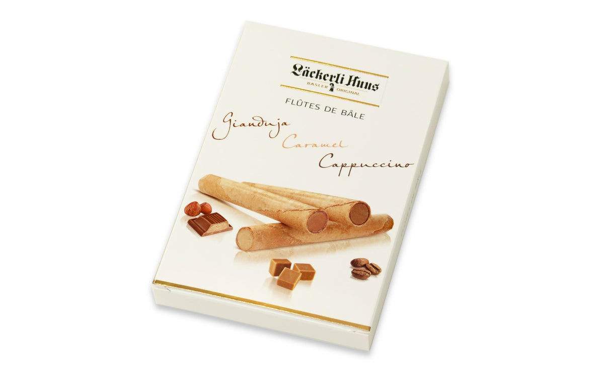 Läckerli huus Flûtes de Bâle Waffelgebäck – Caramel, Ganduja & Cappuccino-Füllung – 90 g