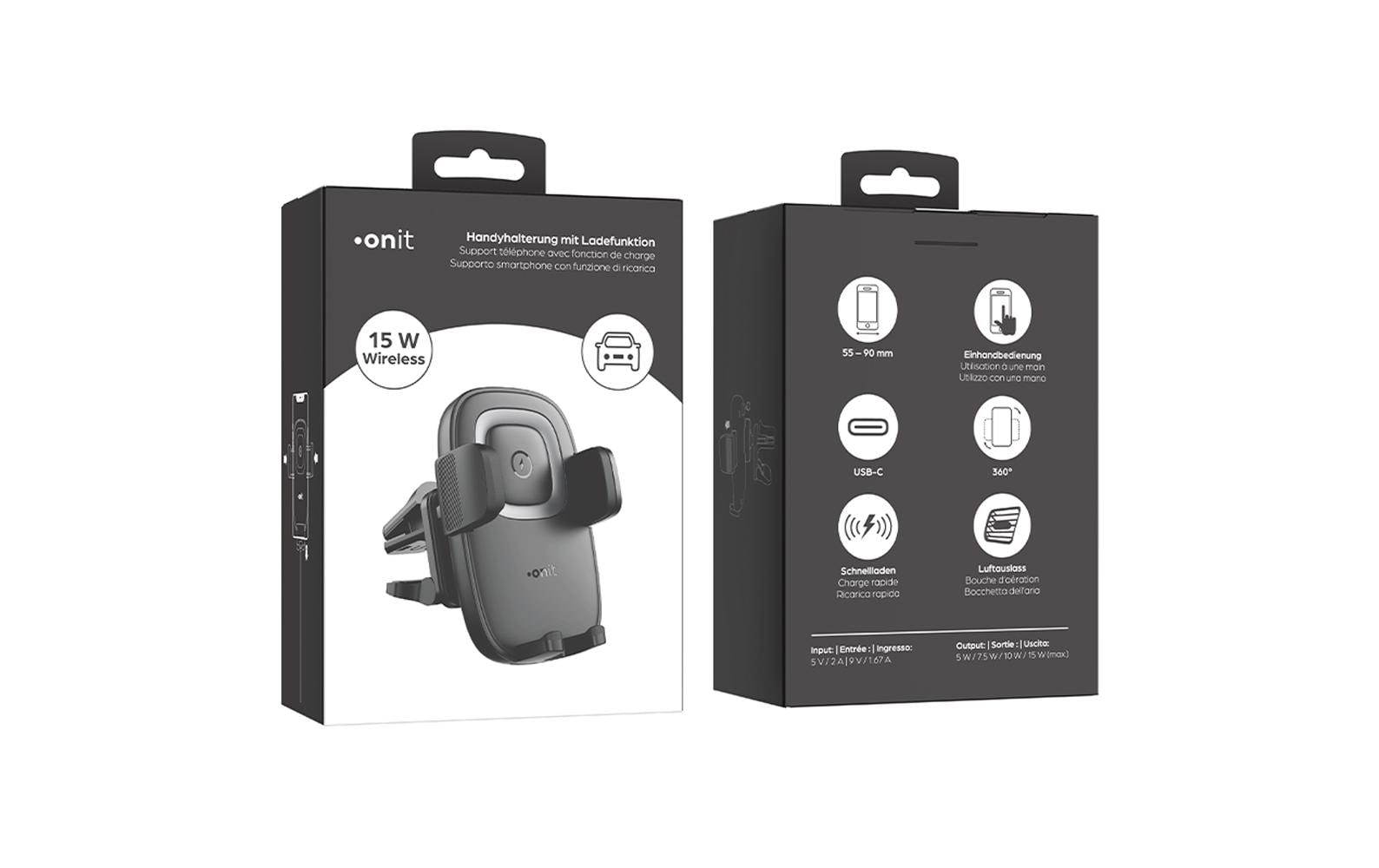 Onit Auto-Ladehalterung – Qi 15 W – Lüftungsschlitz, 59–85 mm, drehbar, neigbar – Schwarz