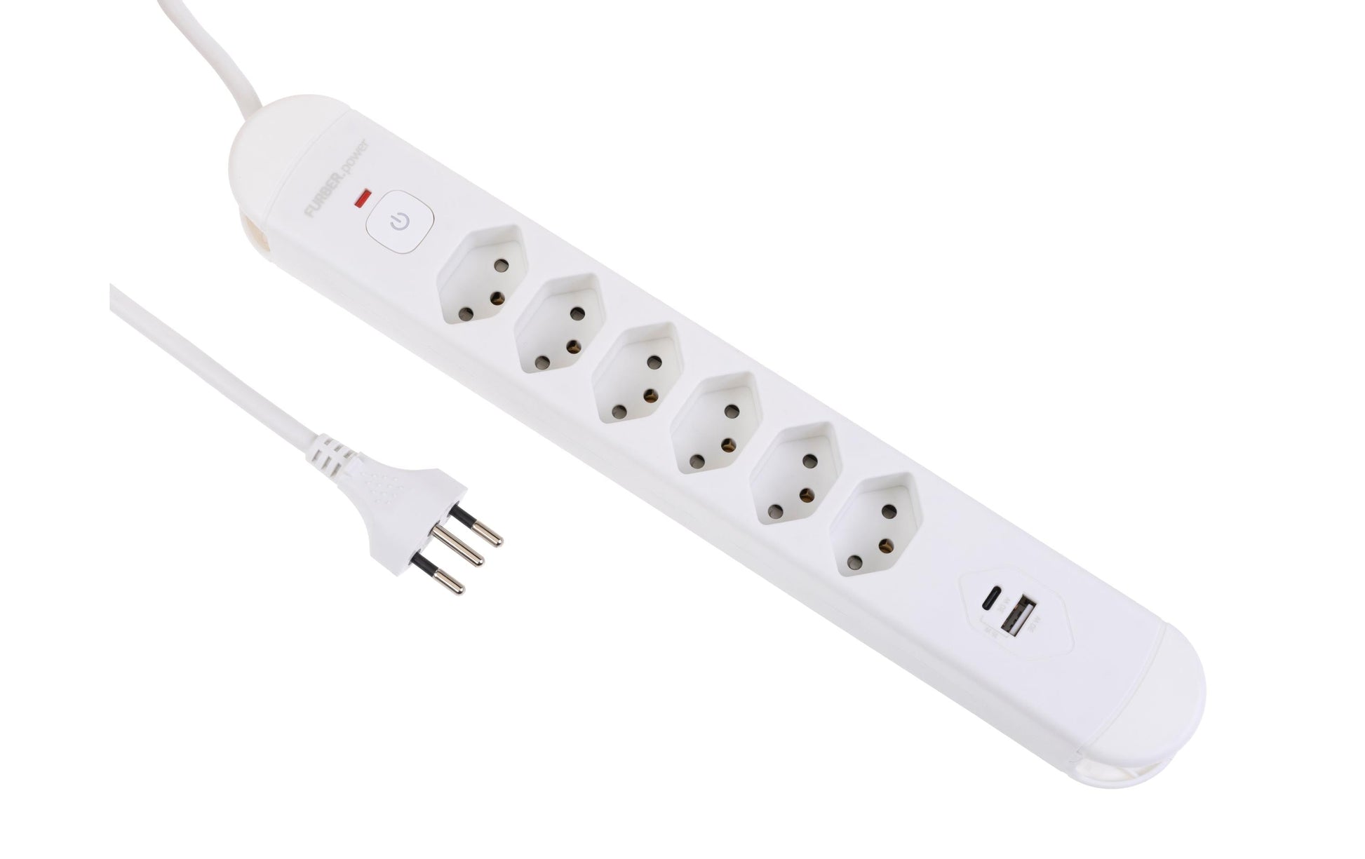 FURBER.power Tuttovario Steckdosenleiste, 6×T13, 1×USB‑A + 1×USB‑C, mit Schalter, 3 m – Weiss