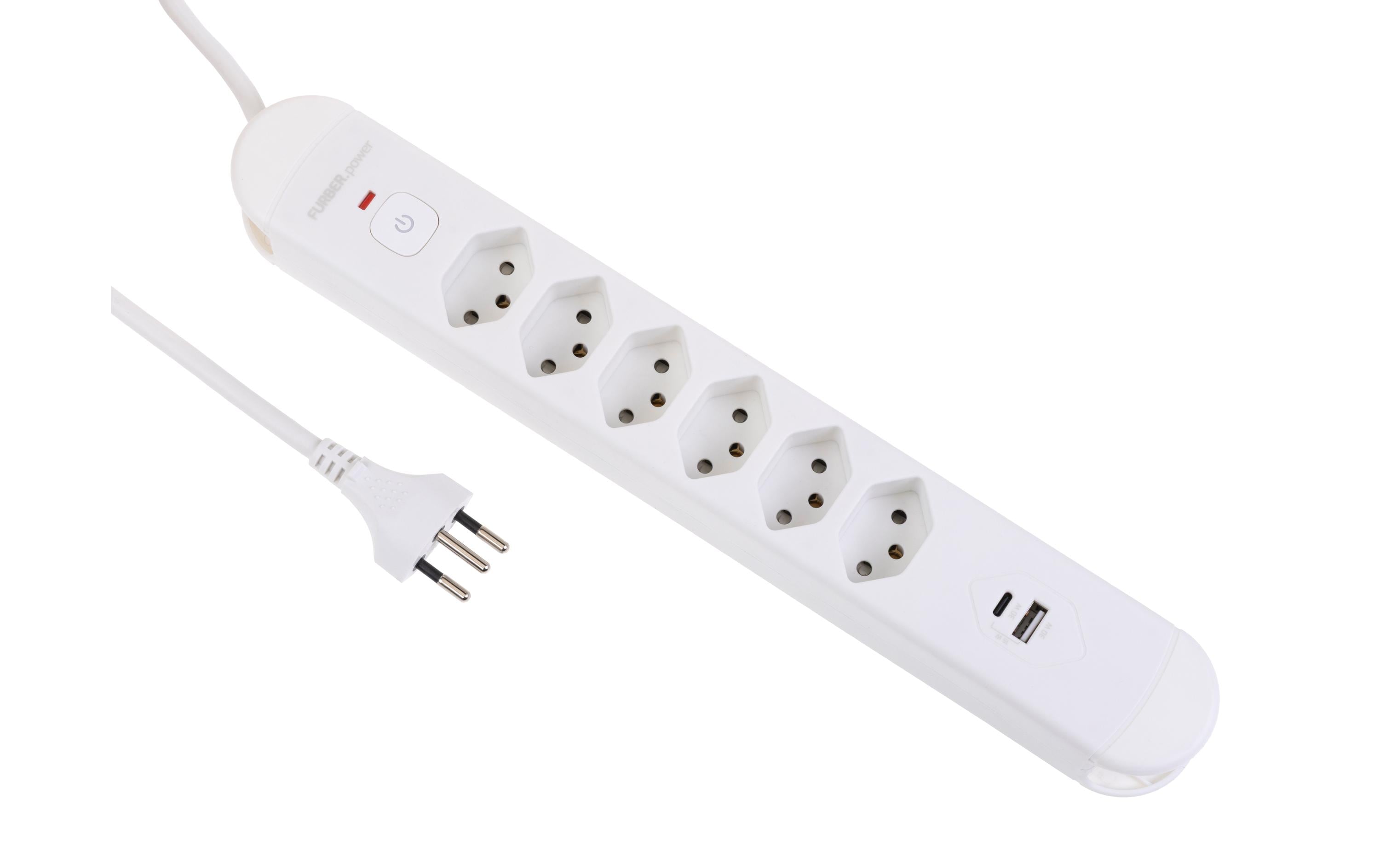 FURBER.power Tuttovario Steckdosenleiste, 6×T13, 1×USB‑A + 1×USB‑C, mit Schalter, 3 m – Weiss