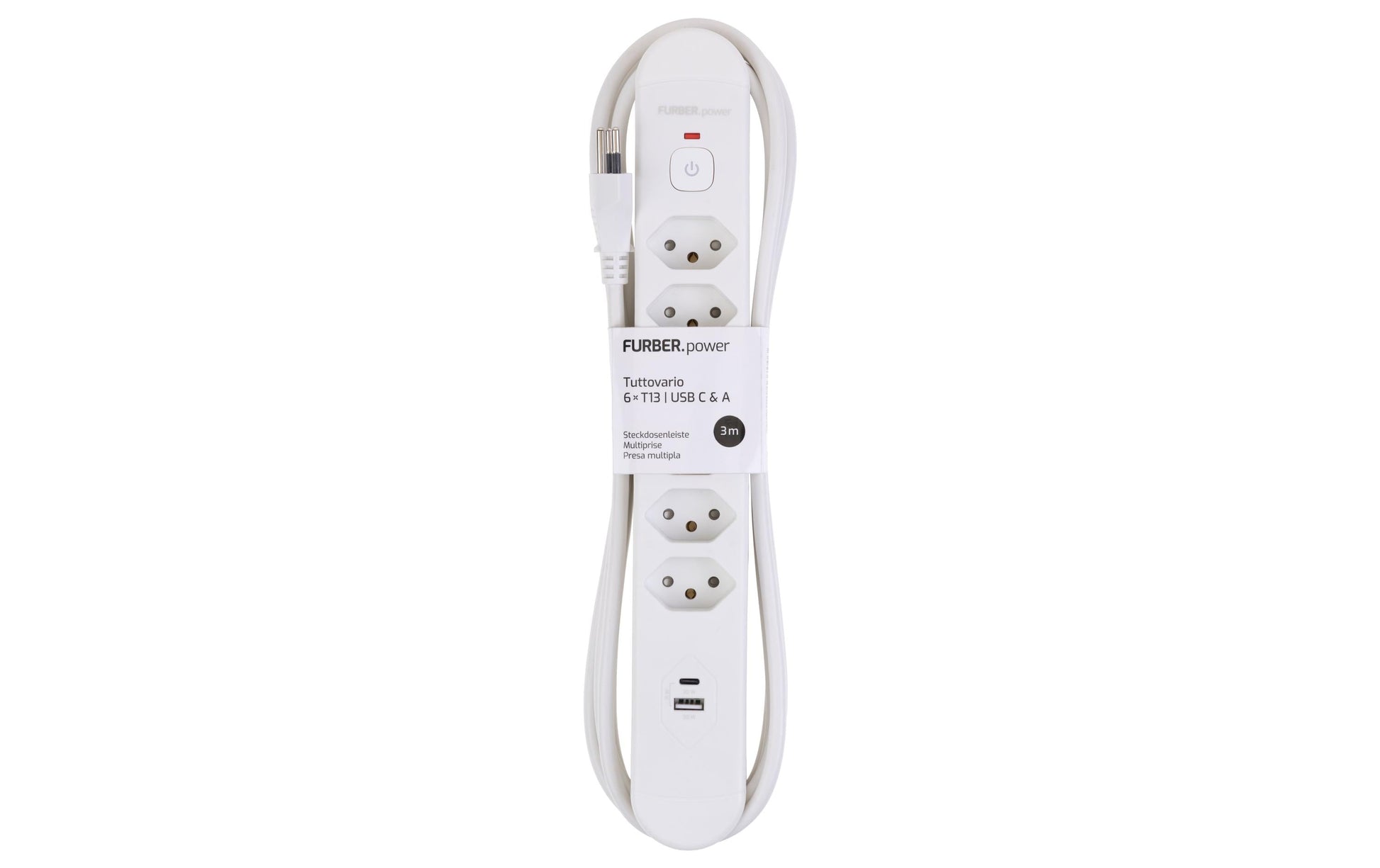 FURBER.power Tuttovario Steckdosenleiste, 6×T13, 1×USB‑A + 1×USB‑C, mit Schalter, 3 m – Weiss