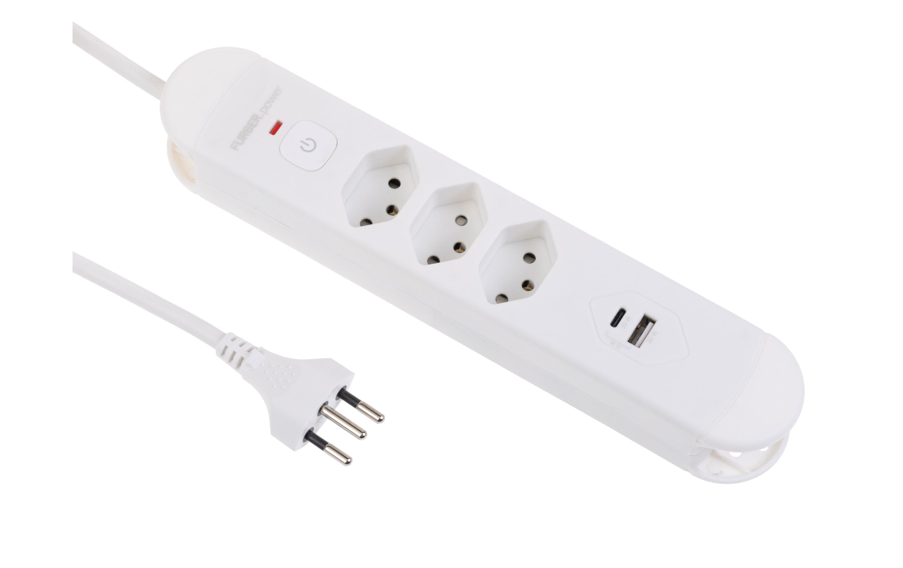 FURBER.power Tuttovario Steckdosenleiste T13×3 – USB‑C×1, USB‑A×1 – 3 m Kabel
