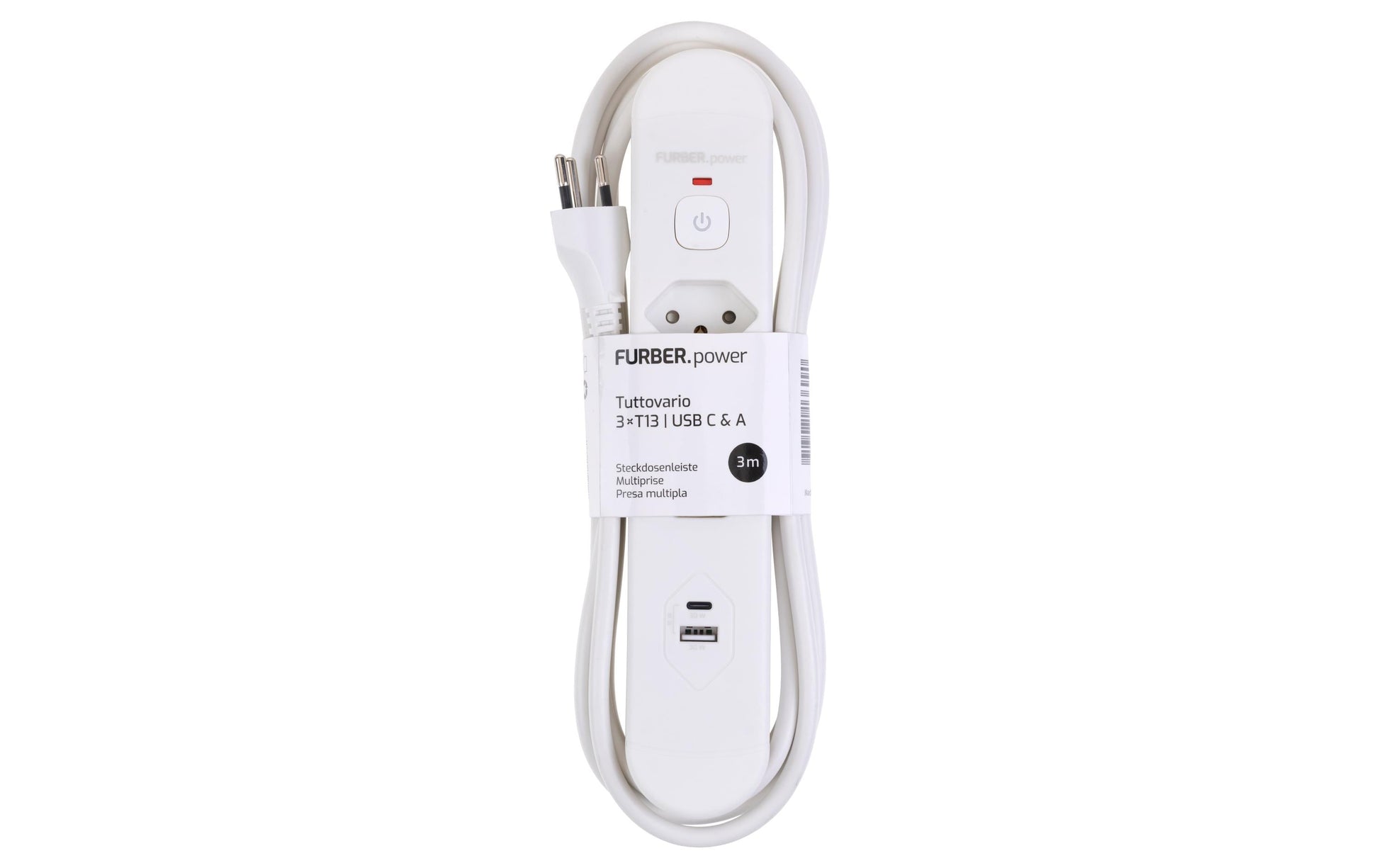 FURBER.power Tuttovario Steckdosenleiste T13×3 – USB‑C×1, USB‑A×1 – 3 m Kabel