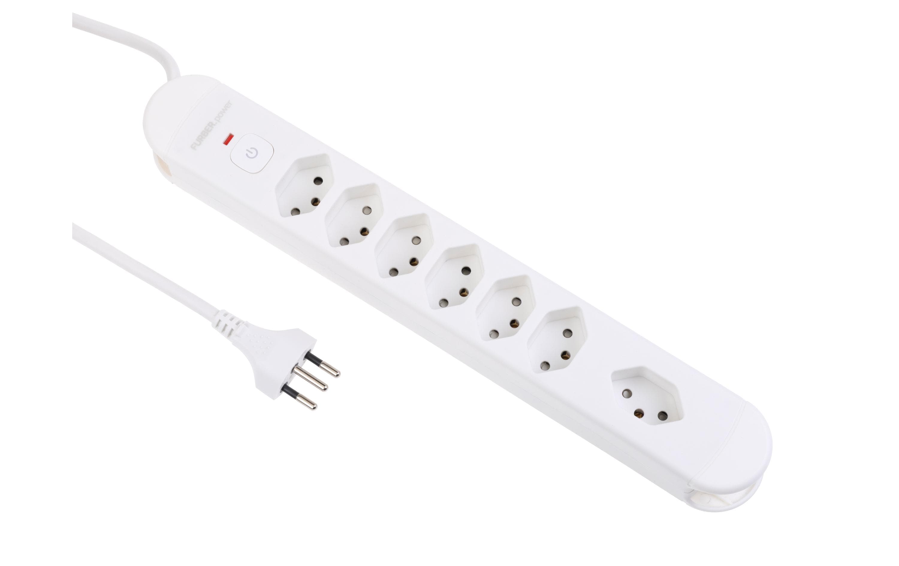 FURBER.power Steckdosenleiste, 7×T13, mit beleuchtetem Schalter, 3 m, Eingang T12 – Weiss