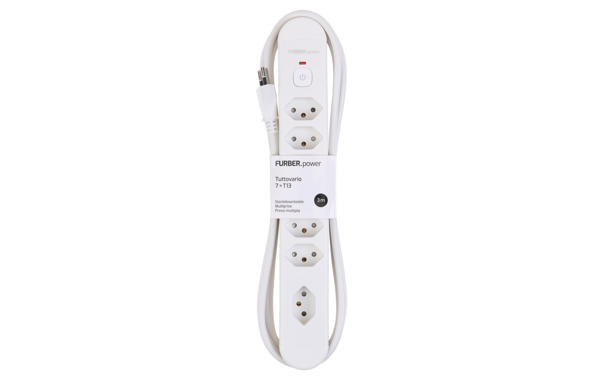 FURBER.power Steckdosenleiste, 7×T13, mit beleuchtetem Schalter, 3 m, Eingang T12 – Weiss