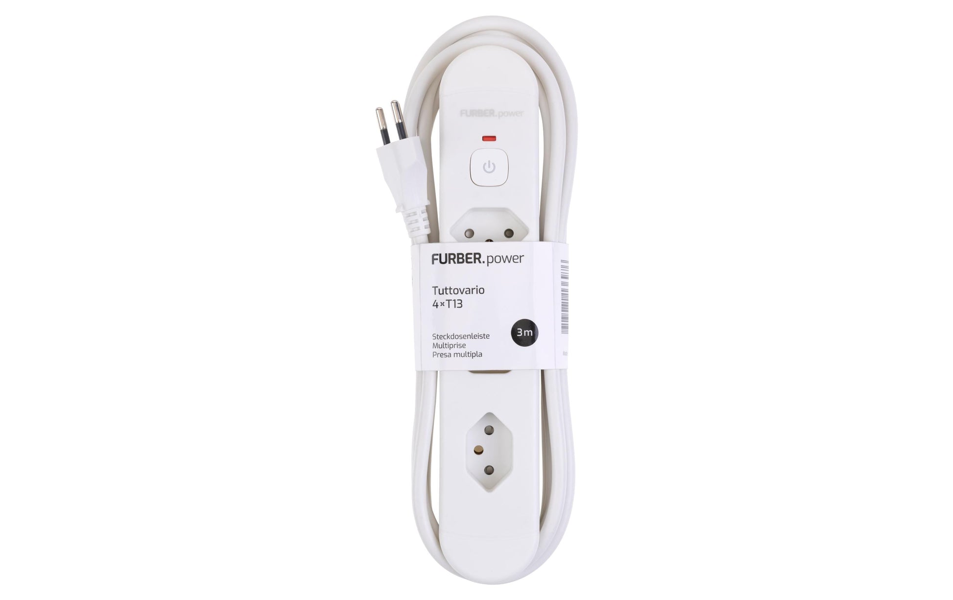 FURBER.power Steckdosenleiste, 4×T13, mit beleuchtetem Schalter, 3 m, Eingang T12 – Weiss