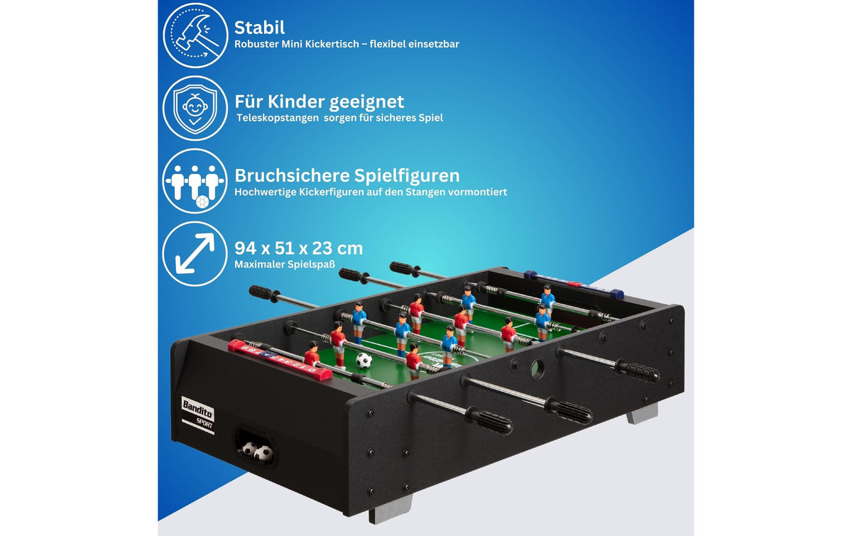 Bandito Mini-Kicker mit Teleskopstangen – Brettspiel, 2 Spieler, ab 3 Jahren, 10 Min., mehrsprachig