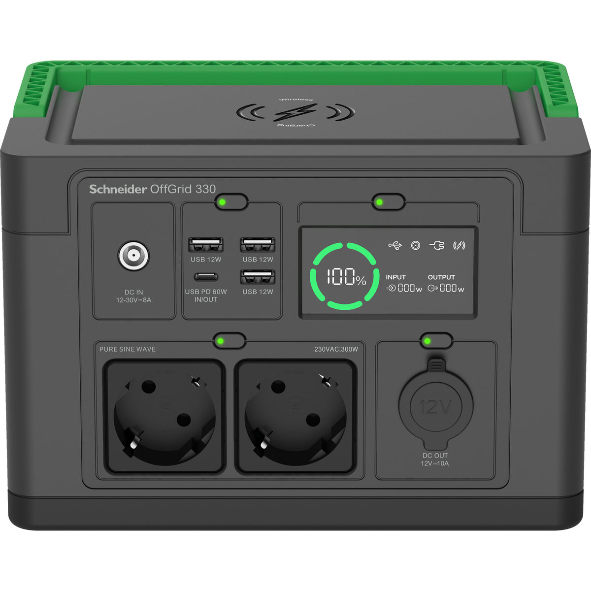APC OffGrid 330 – Powerstation, 332 Wh, 300 W AC, Li‑Ion, 2× Schuko (Typ F), LCD, Kabelloses Laden