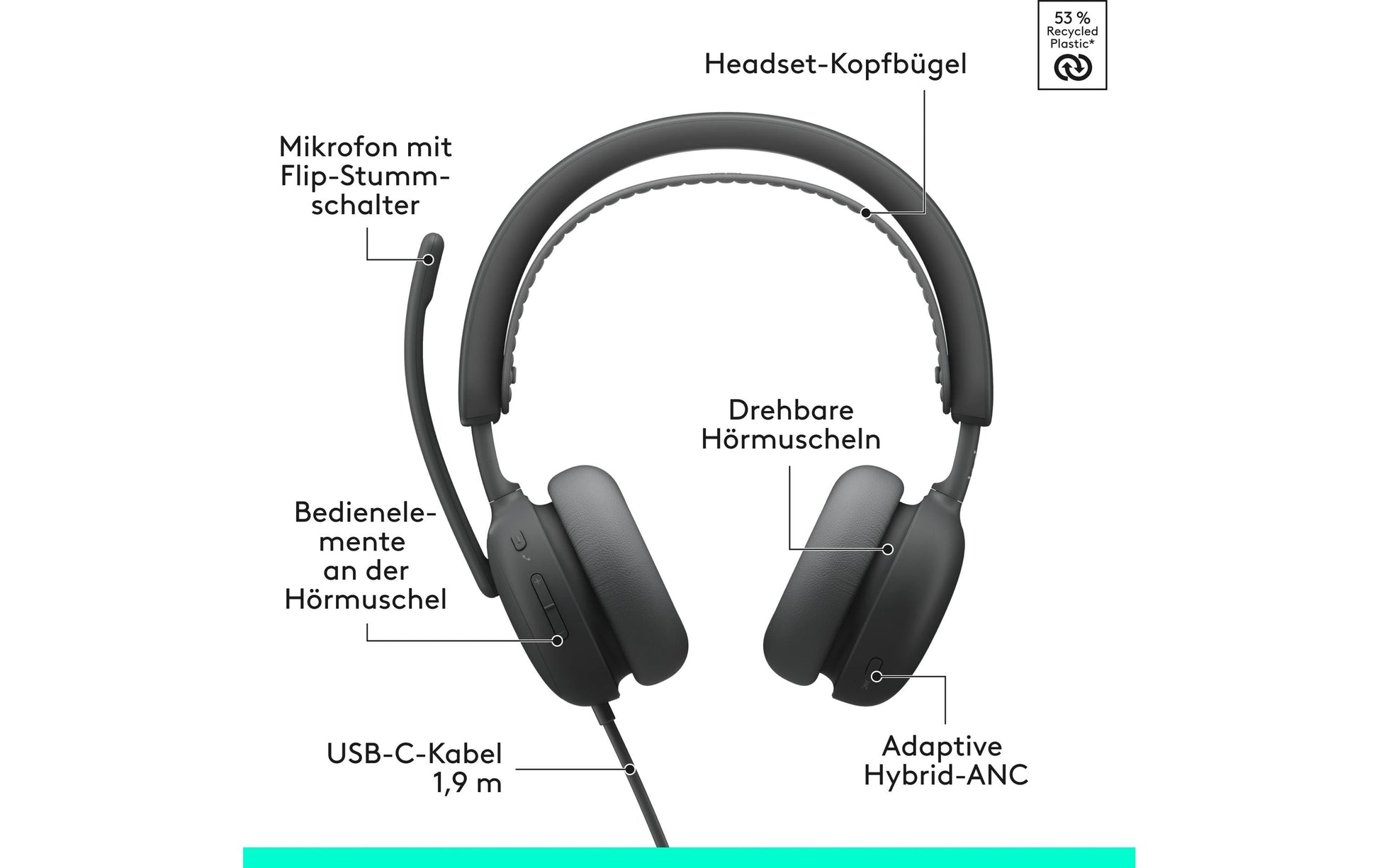Logitech Zone Wired 2 Office-Headset – On-Ear, Stereo, Kabel (USB-A/USB-C), ANC, Graphit