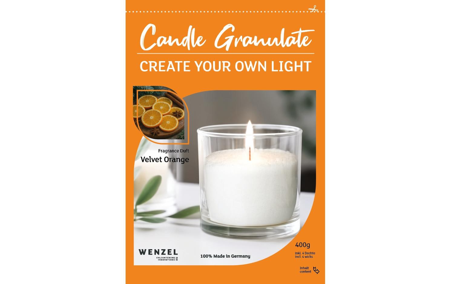 Wenzel kerzen Wenzel Wachsgranulat – Duft Velvet Orange – 400 g, inkl. 4 Dochte, weiss