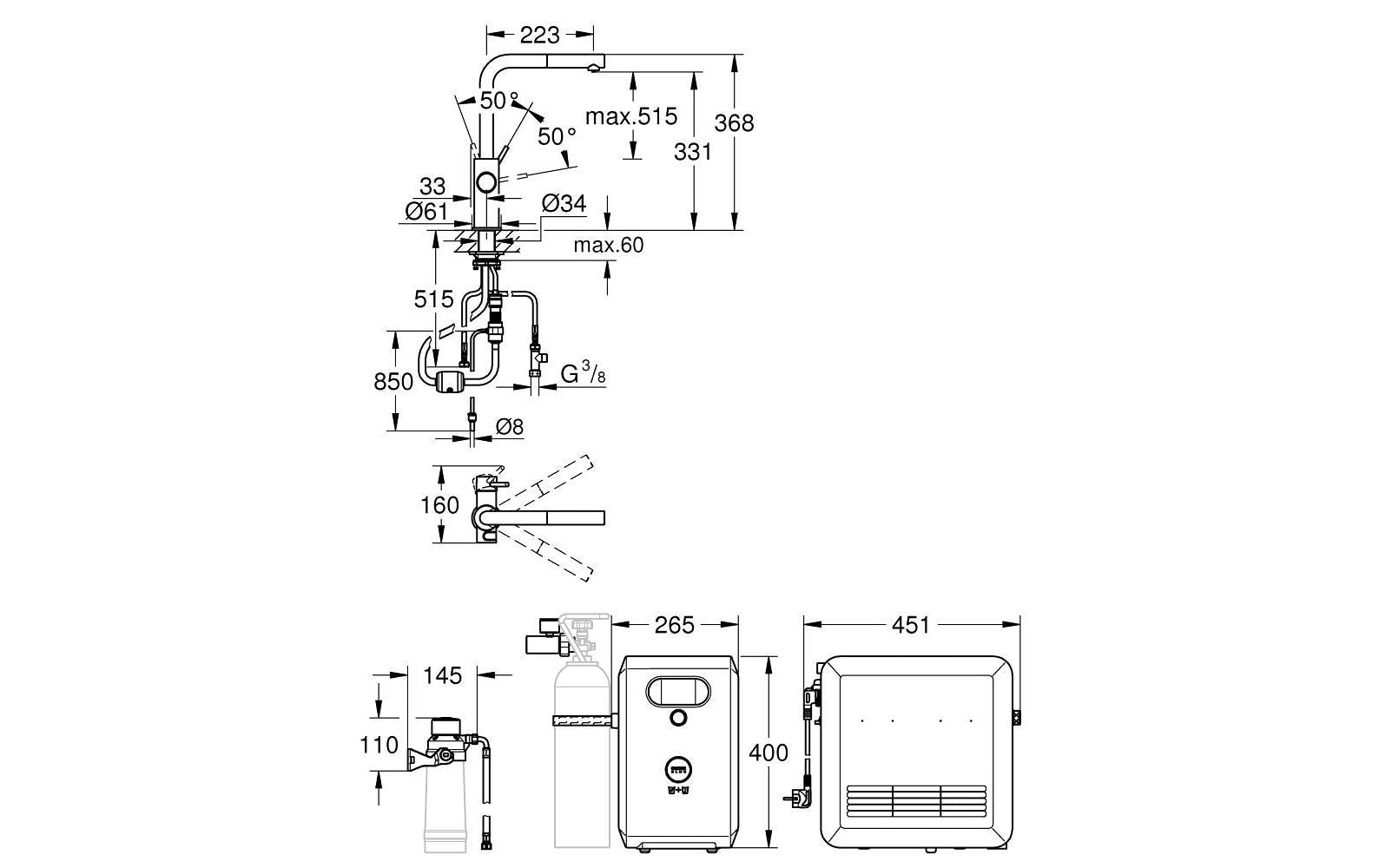 GROHE Einhebelmischer Blue Professional – Messing, Ausziehbare Brause, G3/8-Anschluss, Schwarz
