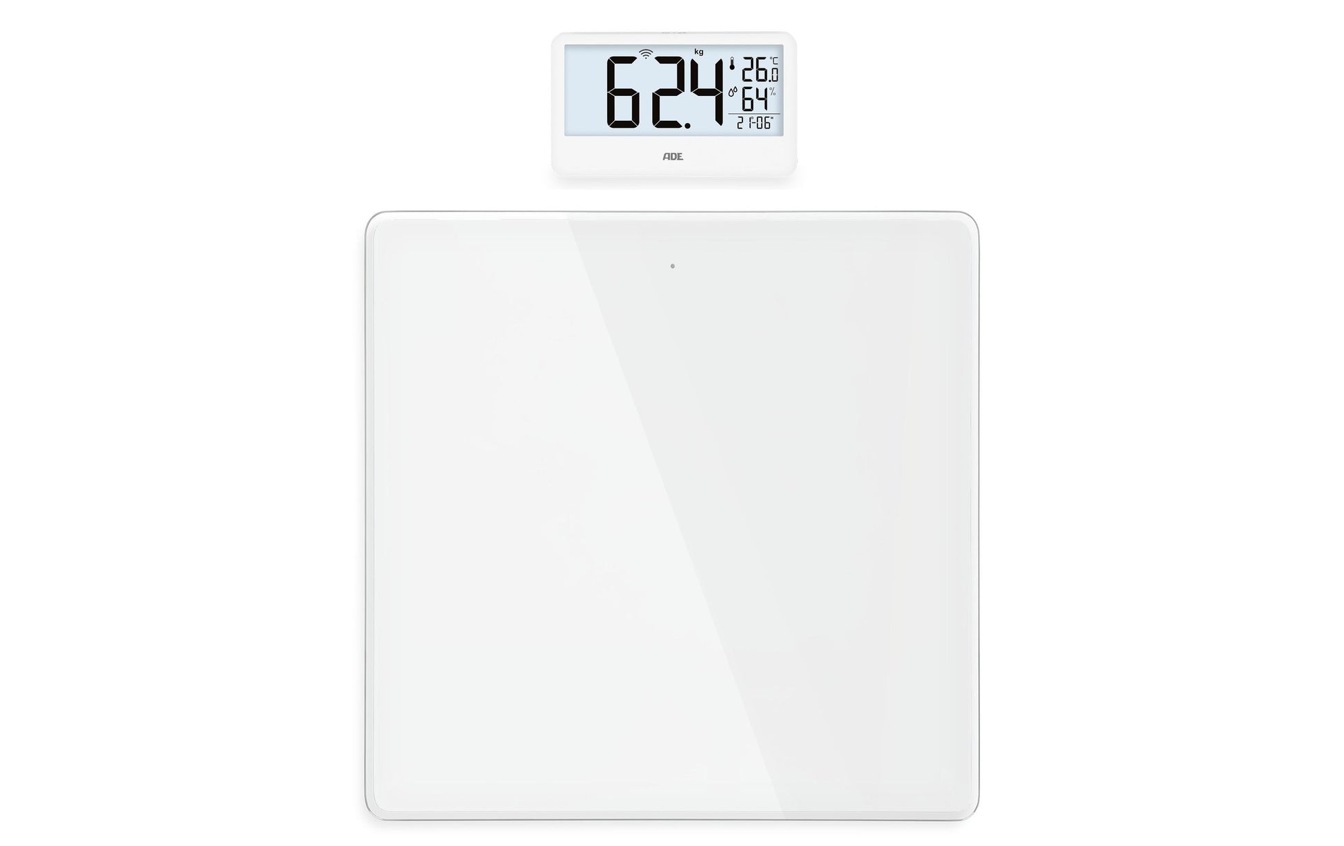 ADE Paketwaage Ronja – Tragkraft 180 kg, Teilung 100 g, Wiegefläche 30 × 30 cm, Batterie, Weiss
