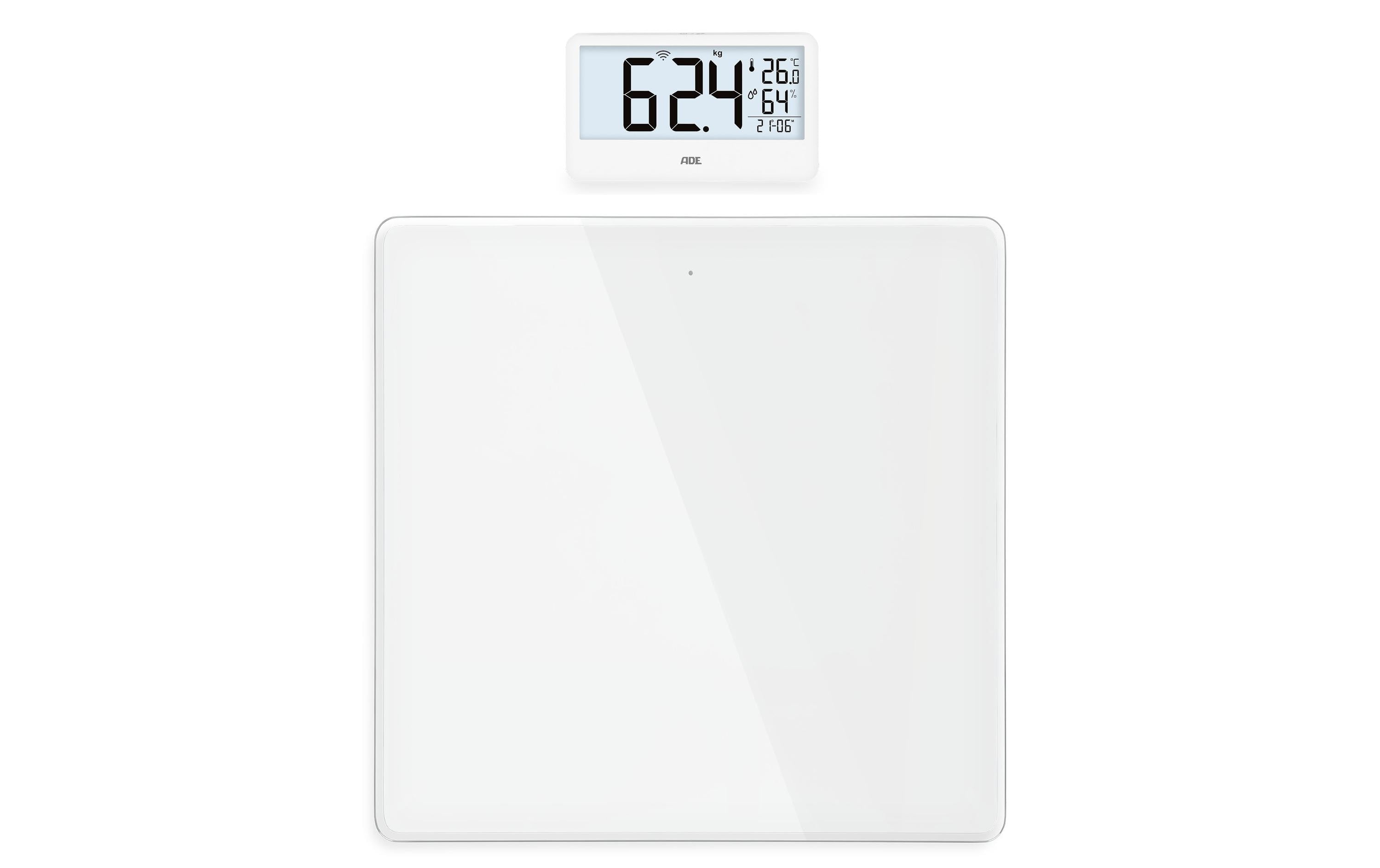 ADE Paketwaage Ronja – Tragkraft 180 kg, Teilung 100 g, Wiegefläche 30 × 30 cm, Batterie, Weiss