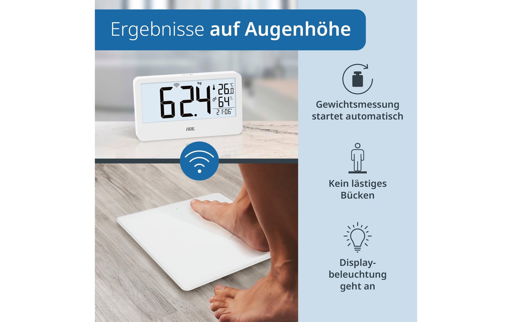 ADE Paketwaage Ronja – Tragkraft 180 kg, Teilung 100 g, Wiegefläche 30 × 30 cm, Batterie, Weiss