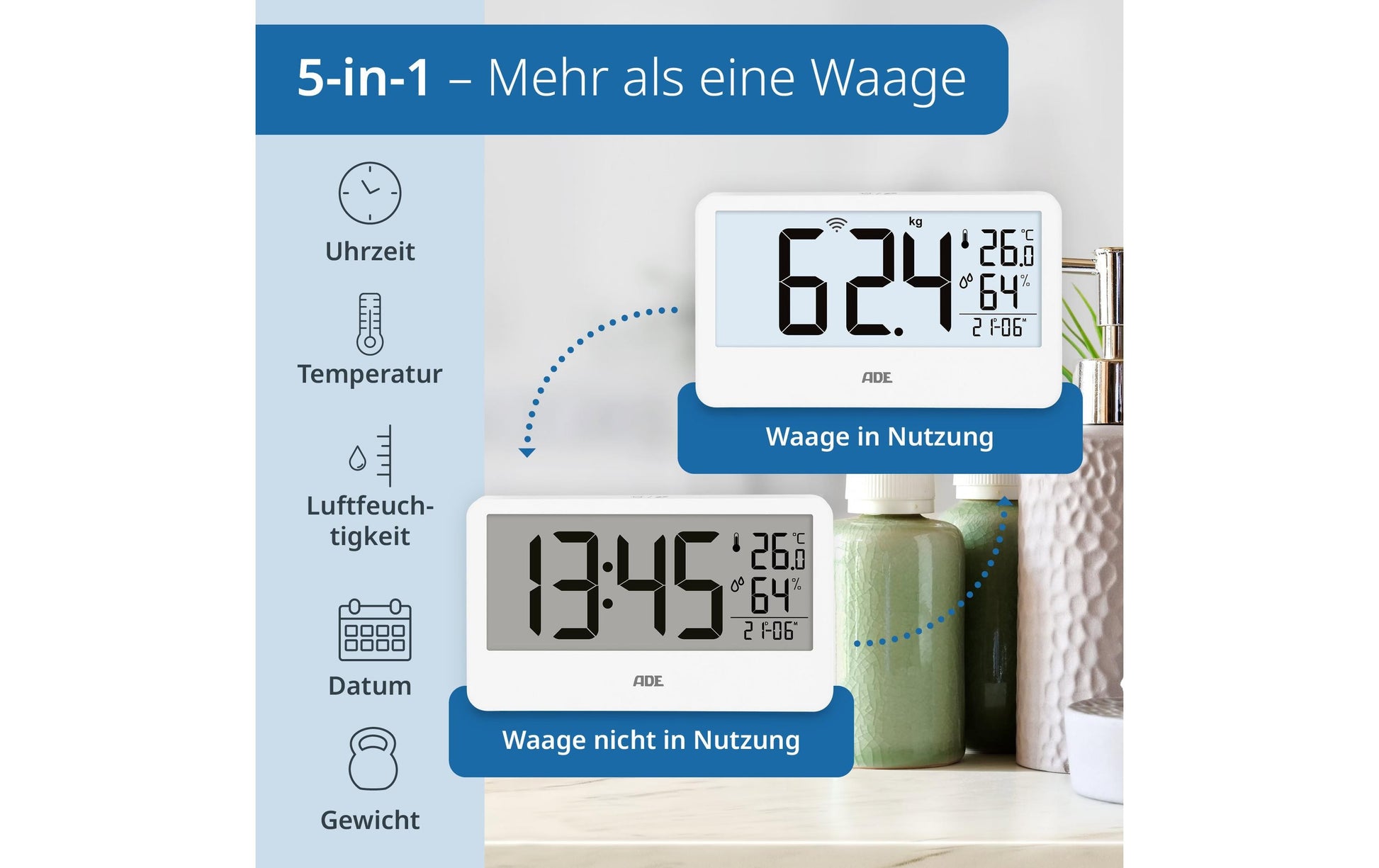 ADE Paketwaage Ronja – Tragkraft 180 kg, Teilung 100 g, Wiegefläche 30 × 30 cm, Batterie, Weiss