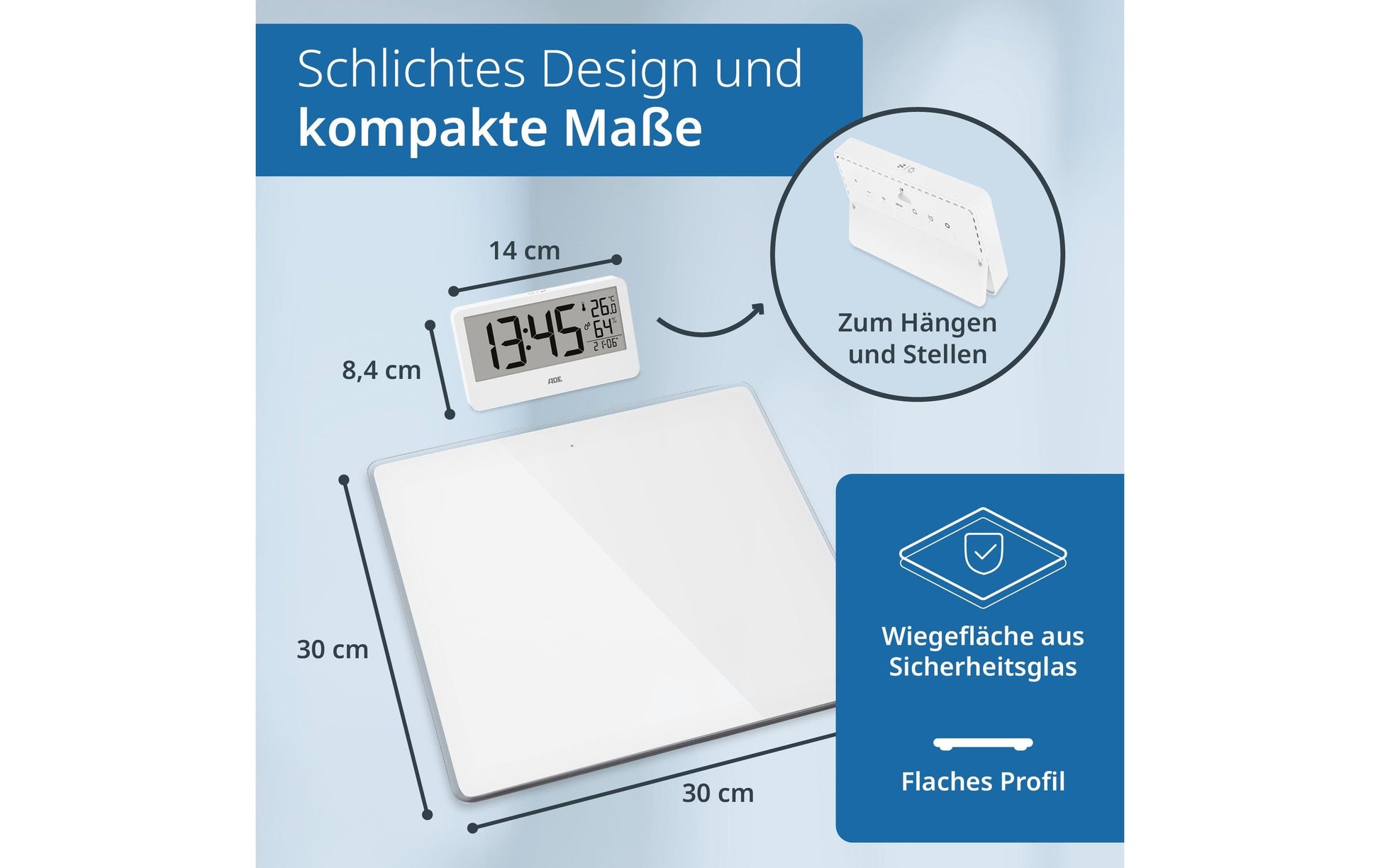 ADE Paketwaage Ronja – Tragkraft 180 kg, Teilung 100 g, Wiegefläche 30 × 30 cm, Batterie, Weiss