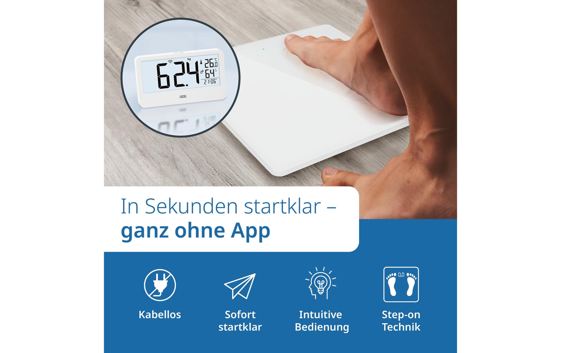 ADE Paketwaage Ronja – Tragkraft 180 kg, Teilung 100 g, Wiegefläche 30 × 30 cm, Batterie, Weiss