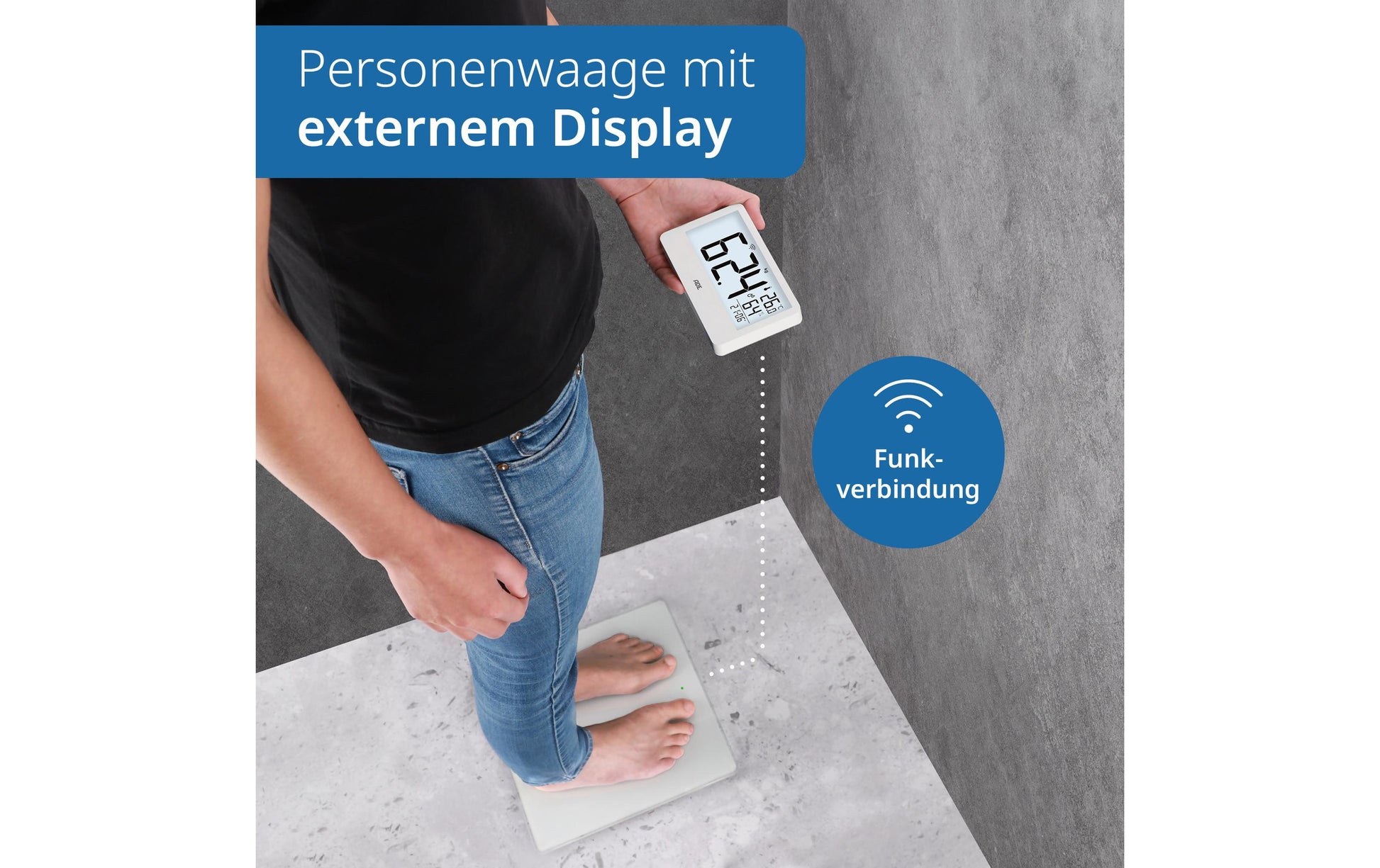 ADE Paketwaage Ronja – Tragkraft 180 kg, Teilung 100 g, Wiegefläche 30 × 30 cm, Batterie, Weiss