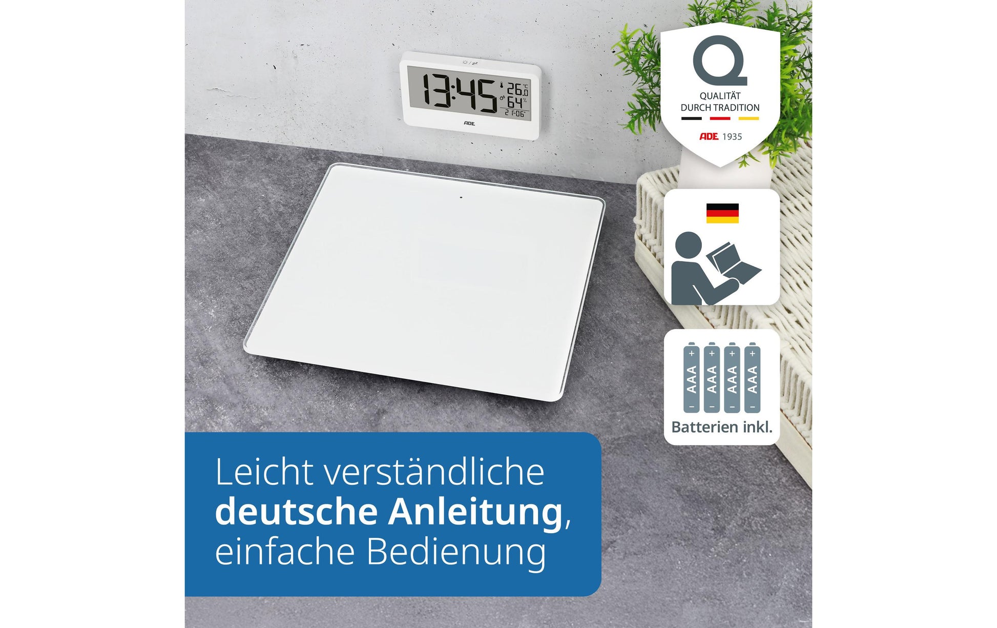 ADE Paketwaage Ronja – Tragkraft 180 kg, Teilung 100 g, Wiegefläche 30 × 30 cm, Batterie, Weiss