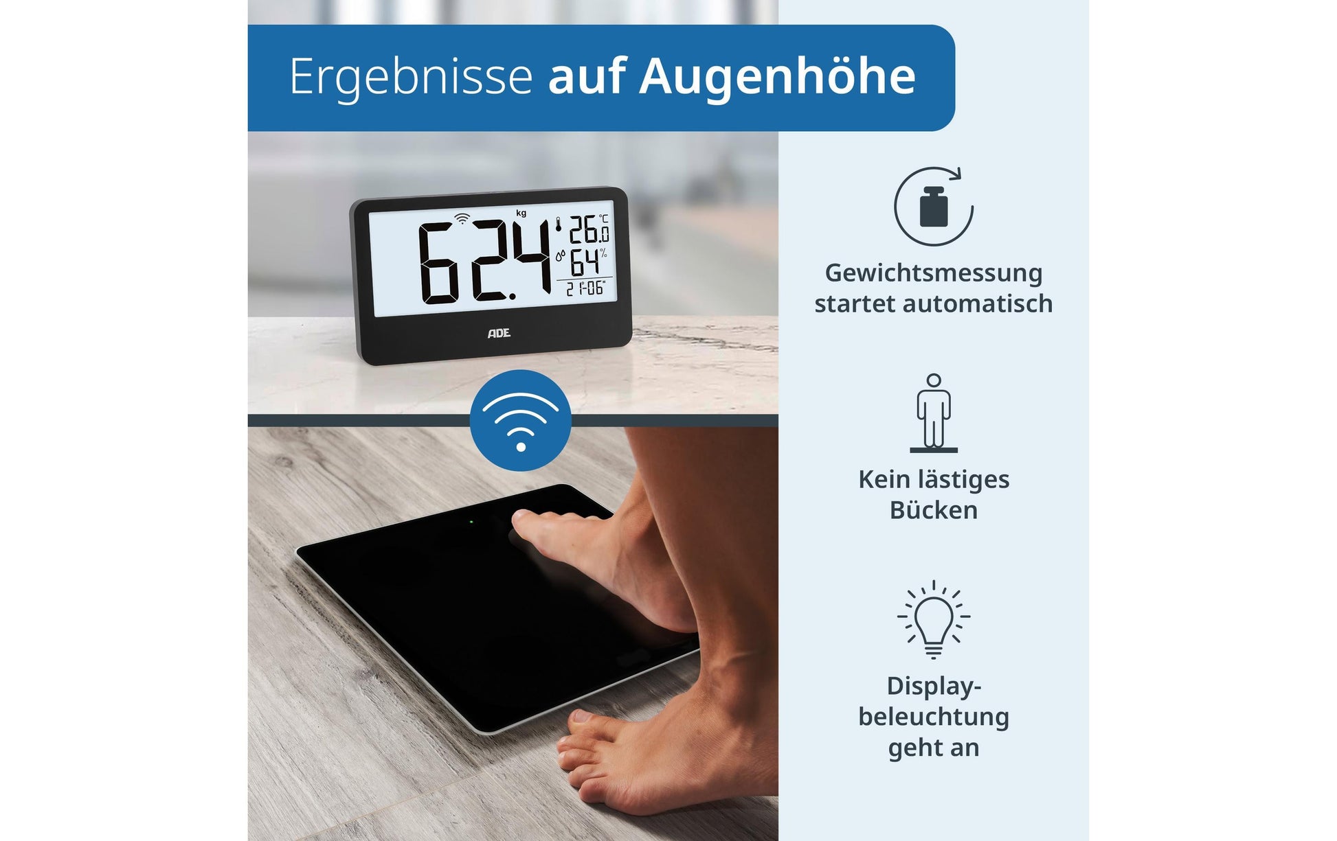 ADE Paketwaage Ronja – Tragkraft 180 kg, Teilung 100 g, Wiegefläche 30 × 30 cm, Batterie, Schwarz