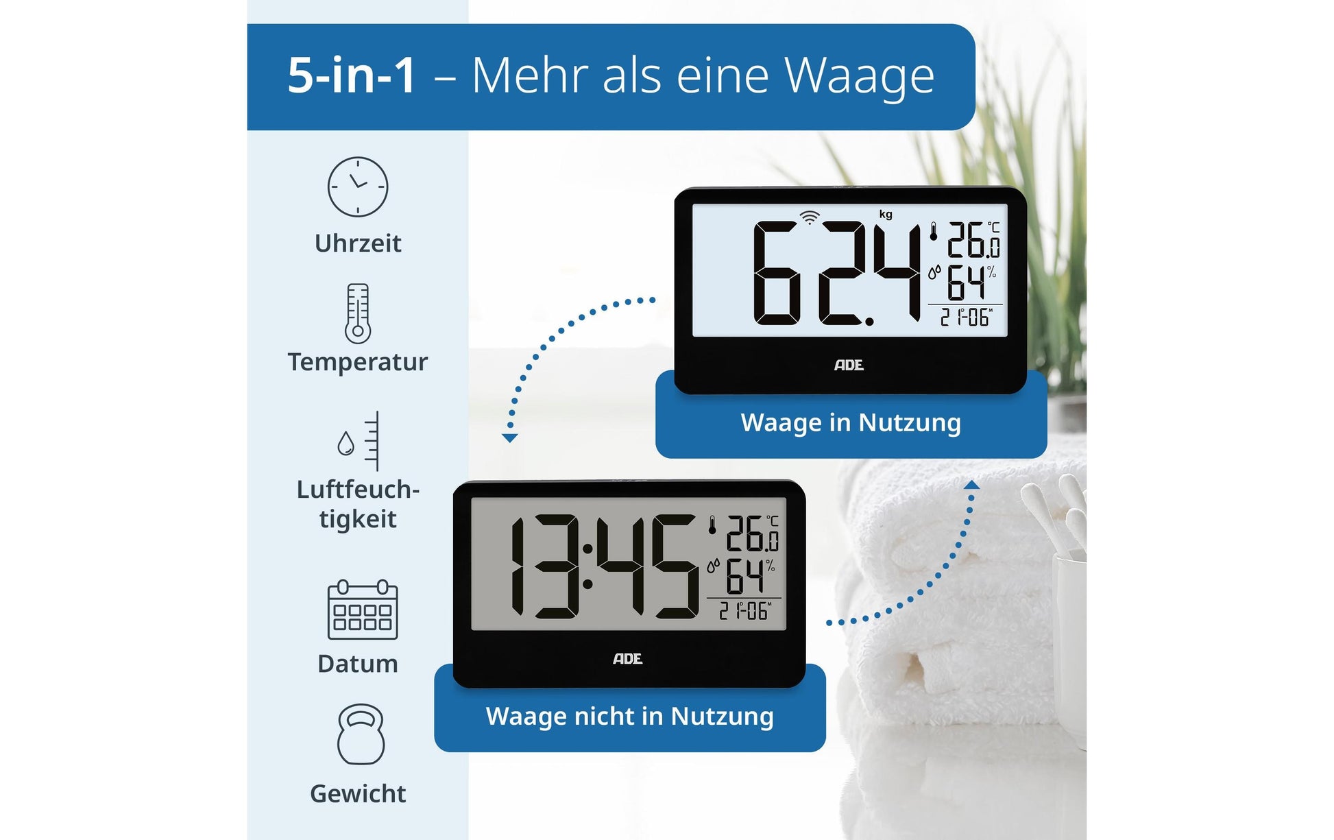 ADE Paketwaage Ronja – Tragkraft 180 kg, Teilung 100 g, Wiegefläche 30 × 30 cm, Batterie, Schwarz