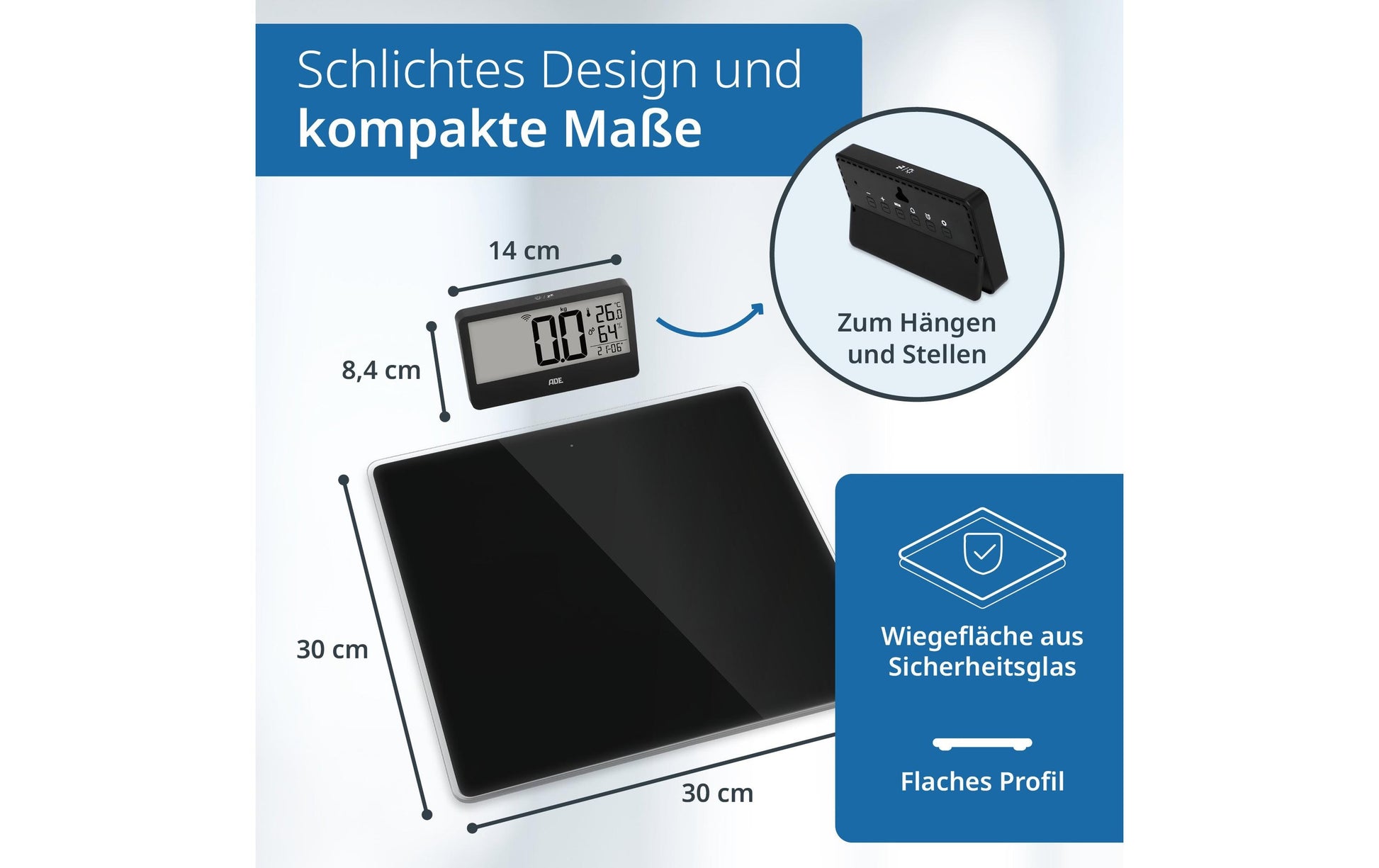 ADE Paketwaage Ronja – Tragkraft 180 kg, Teilung 100 g, Wiegefläche 30 × 30 cm, Batterie, Schwarz