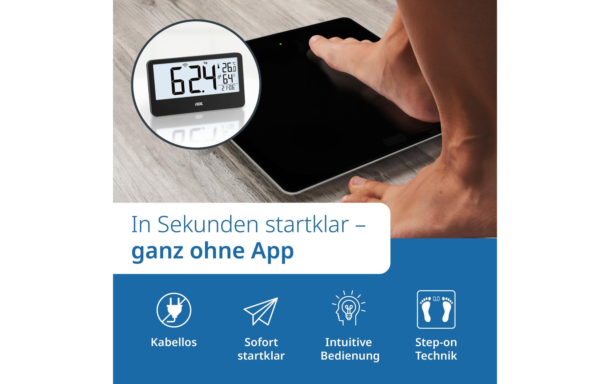 ADE Paketwaage Ronja – Tragkraft 180 kg, Teilung 100 g, Wiegefläche 30 × 30 cm, Batterie, Schwarz