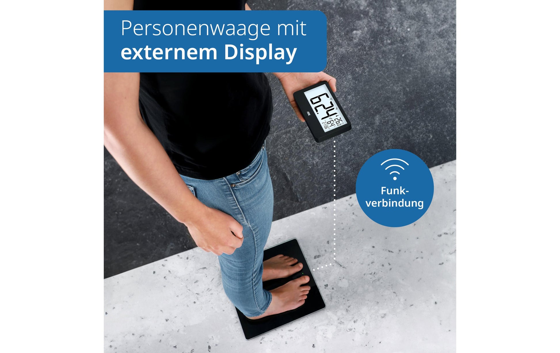 ADE Paketwaage Ronja – Tragkraft 180 kg, Teilung 100 g, Wiegefläche 30 × 30 cm, Batterie, Schwarz