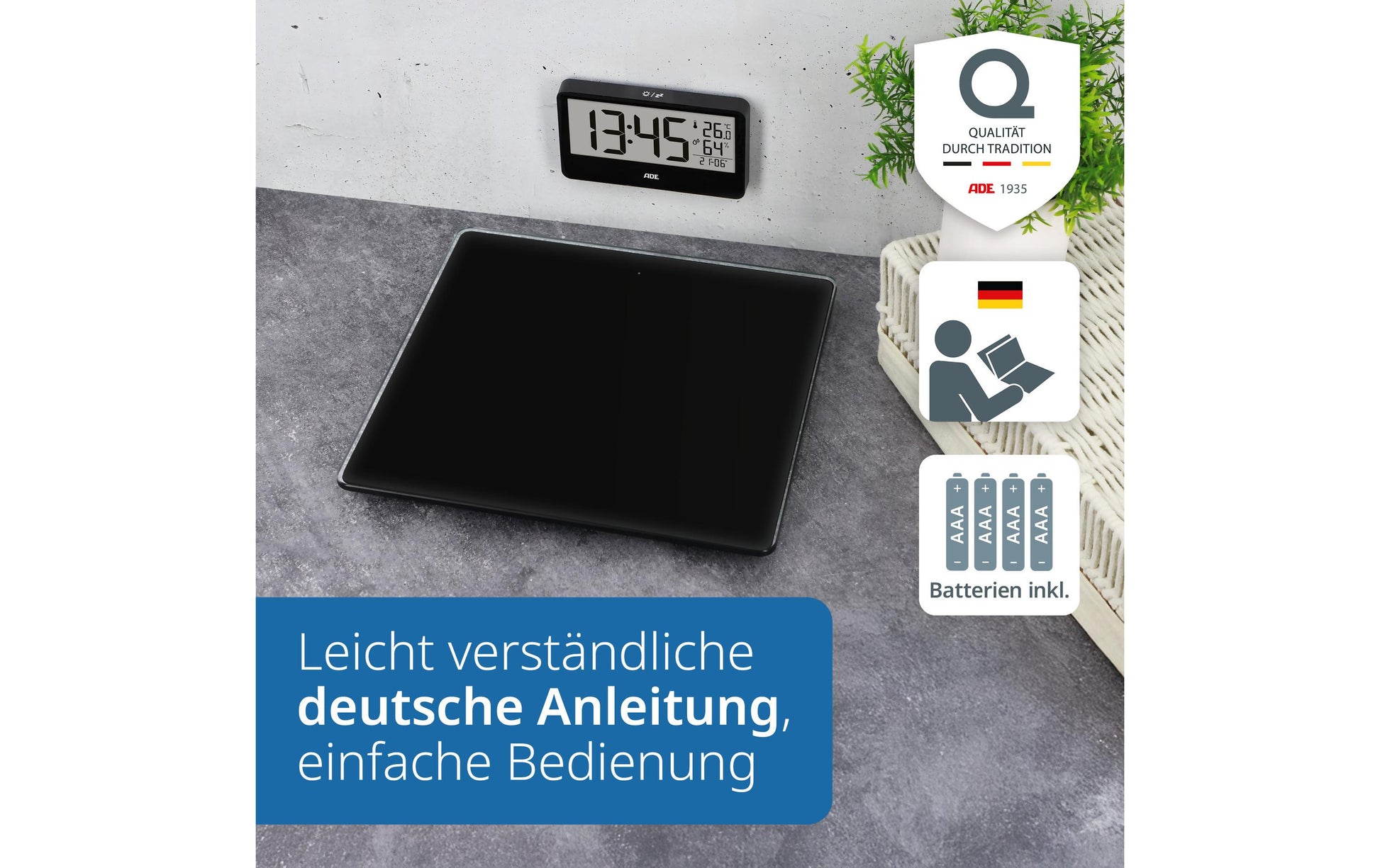 ADE Paketwaage Ronja – Tragkraft 180 kg, Teilung 100 g, Wiegefläche 30 × 30 cm, Batterie, Schwarz