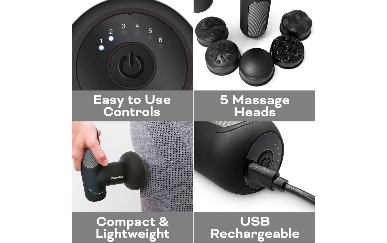 Reviber Massagegerät – Shiatsu, 5 austauschbare Massageköpfe – Schwarz