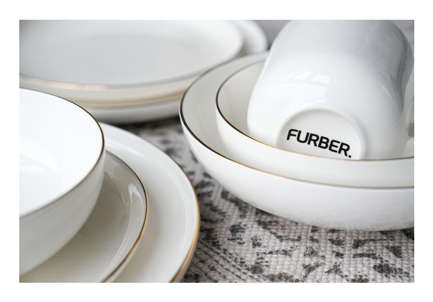 Furber. Furber Speiseteller – 6er Set, Ø 21 cm, Knochenporzellan, Weiss/Gold, spülmaschinenfest