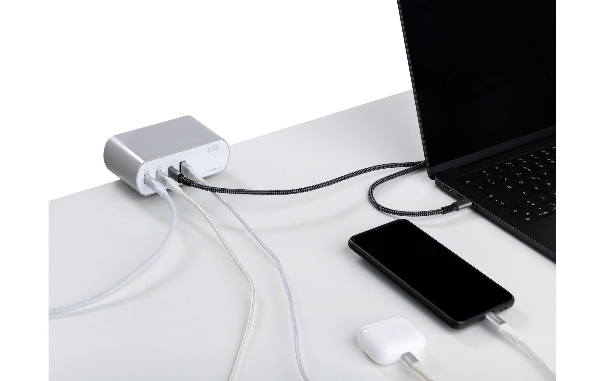 FURBER.power Tischsteckdosenleiste, 2×T13, 1×USB‑A + 3×USB‑C (Gesamt 65 W), 3 m, mit Schalter – Weiss