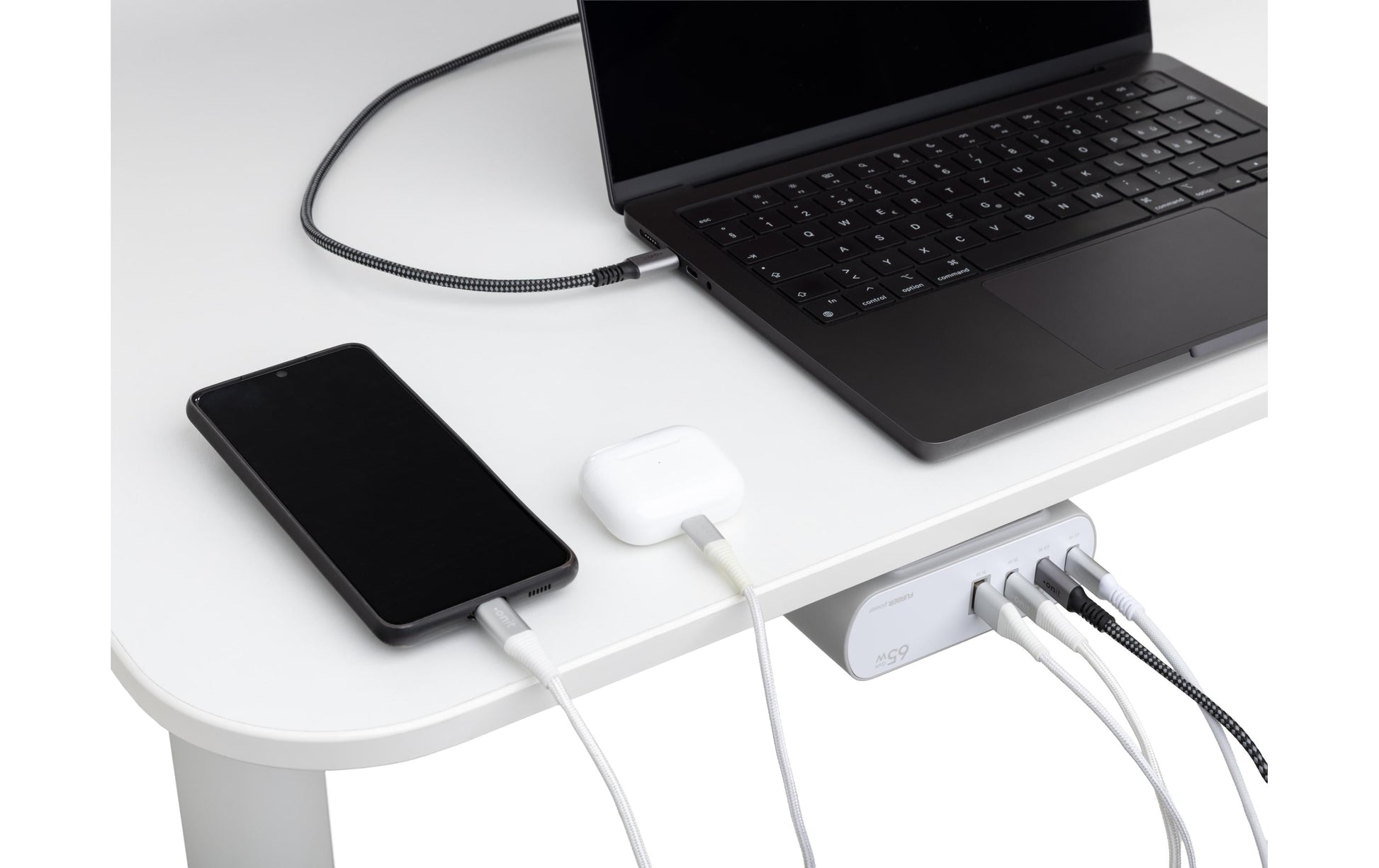 FURBER.power Tischsteckdosenleiste, 2×T13, 1×USB‑A + 3×USB‑C (Gesamt 65 W), 3 m, mit Schalter – Weiss