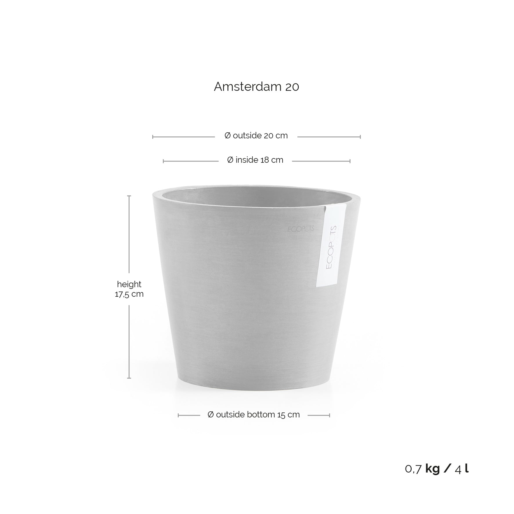 Ecopots Amsterdam Pflanztopf – Ø 20 × 17,5 cm – Recycling-Kunststoff, Dunkelgrau