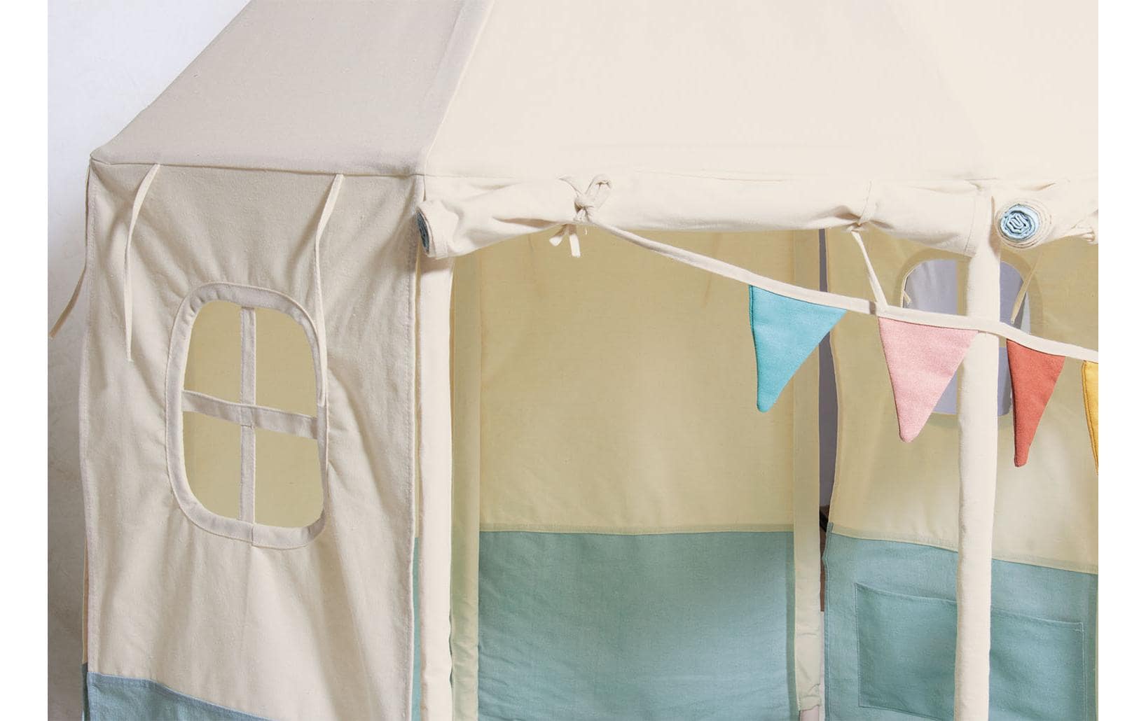 Pinolino Kinderträume Pavillon Yuma – Baumwolle, Kiefernholz, Polyester – Blau/Weiss
