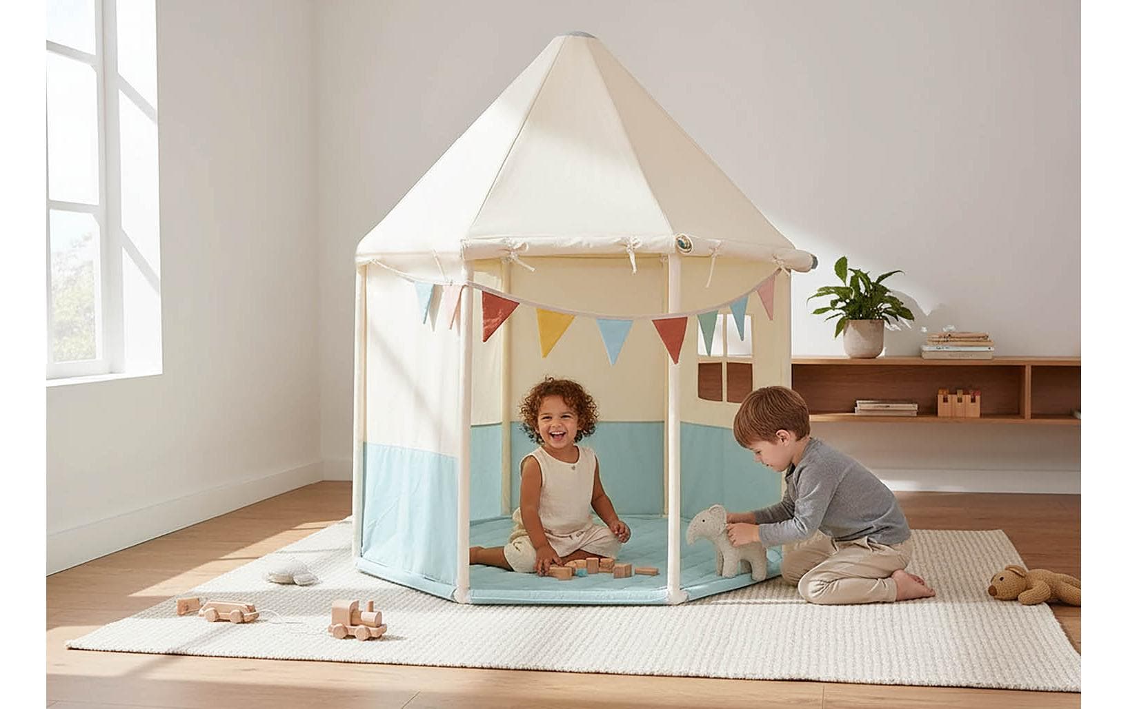 Pinolino Kinderträume Pavillon Yuma – Baumwolle, Kiefernholz, Polyester – Blau/Weiss