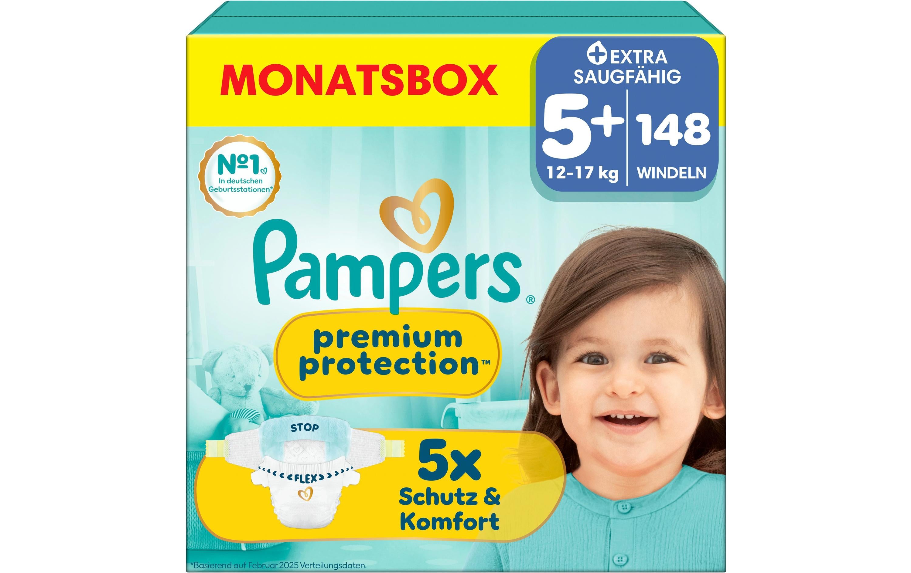 Pampers Windeln Gr. 5+ (12–17 kg) – Monatsbox – 148 Stk – weiss