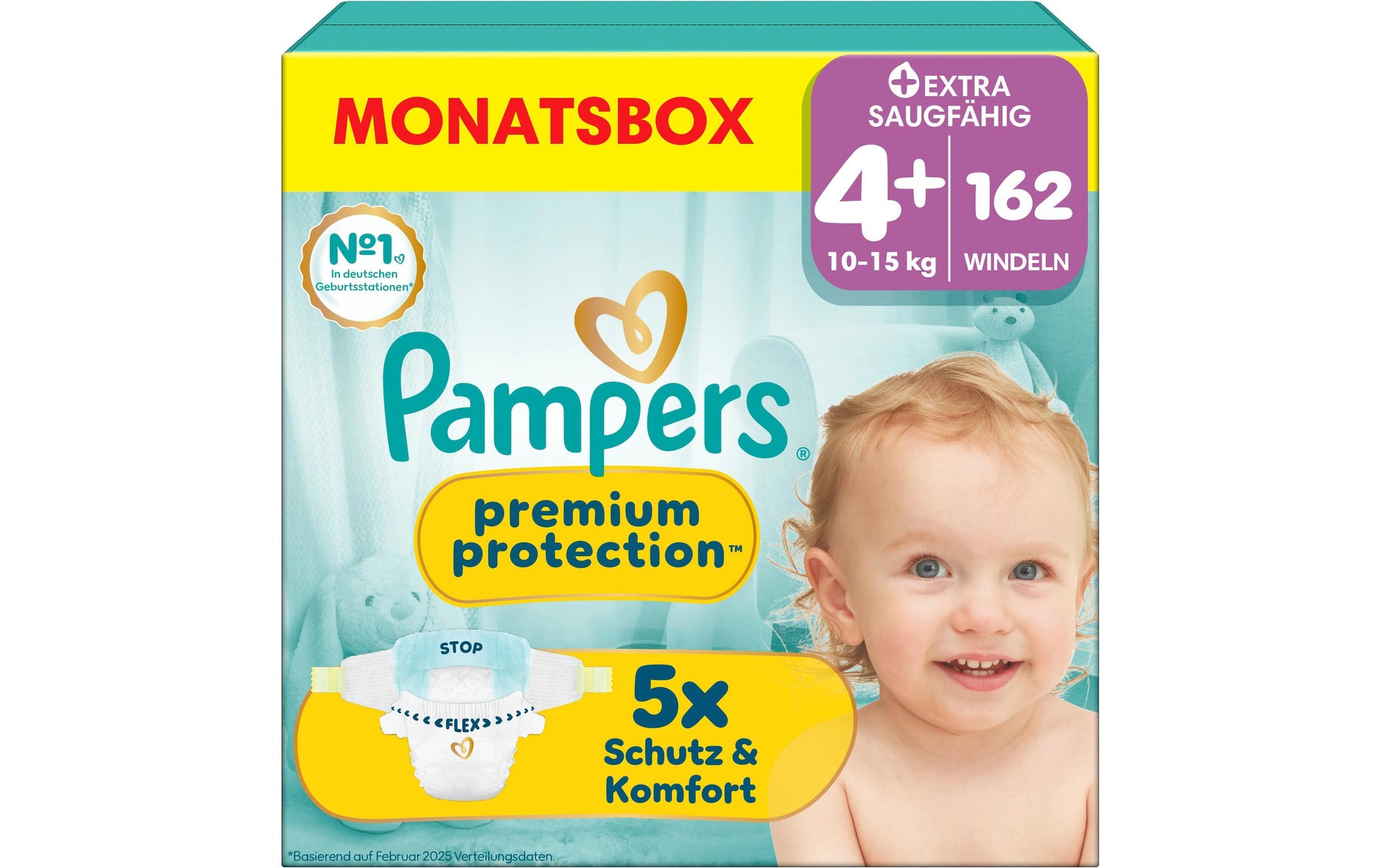 Pampers Windeln Premium Protection Maxi Gr. 4+ (10–15 kg) – Monatsbox – 162 Stk – weiss