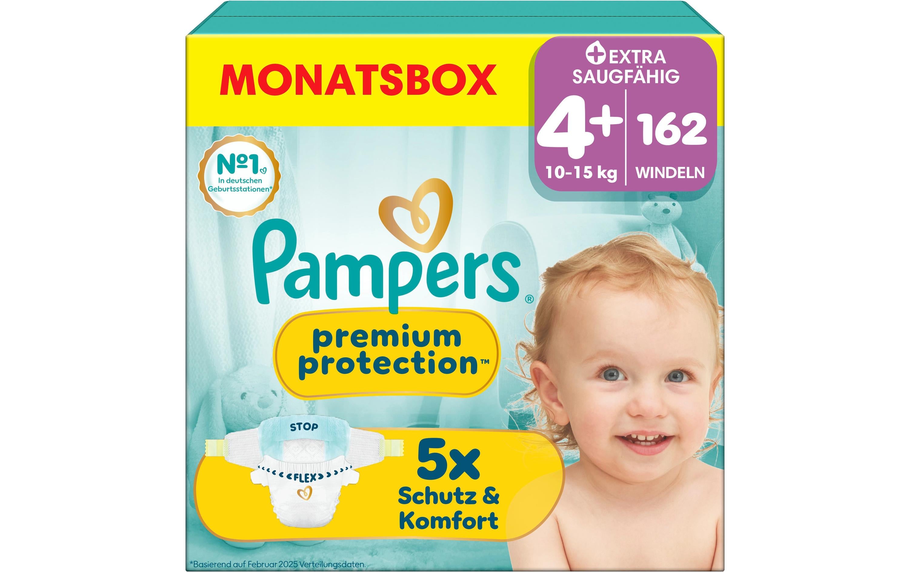 Pampers Windeln Premium Protection Maxi Gr. 4+ (10–15 kg) – Monatsbox – 162 Stk – weiss
