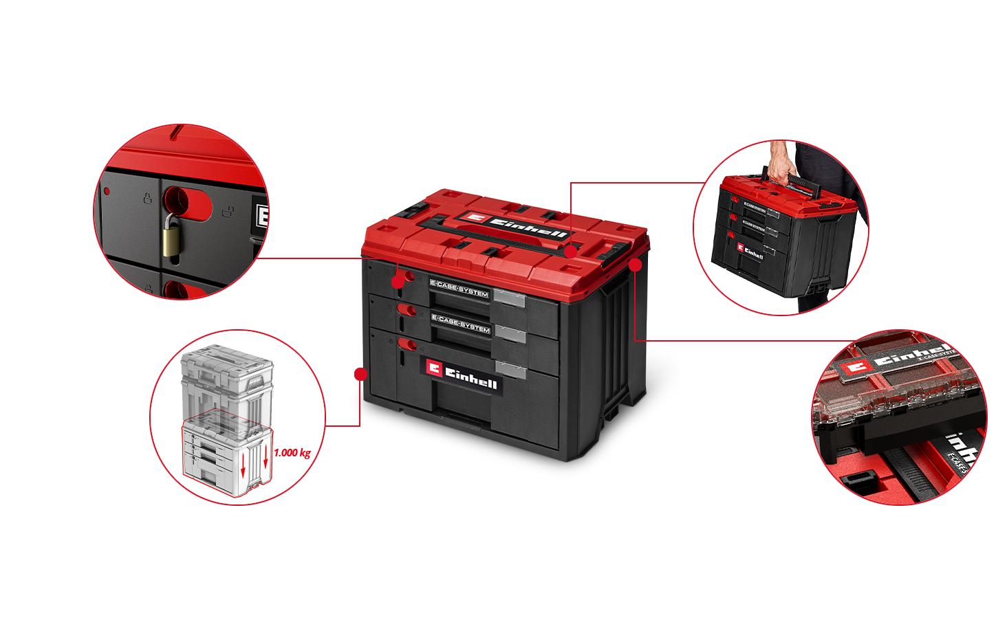 Einhell E-Case Systemkoffer – mit Tragegriff, Sichtfenster, 3 Schubladen, abschliessbar, für Einhell E-Case